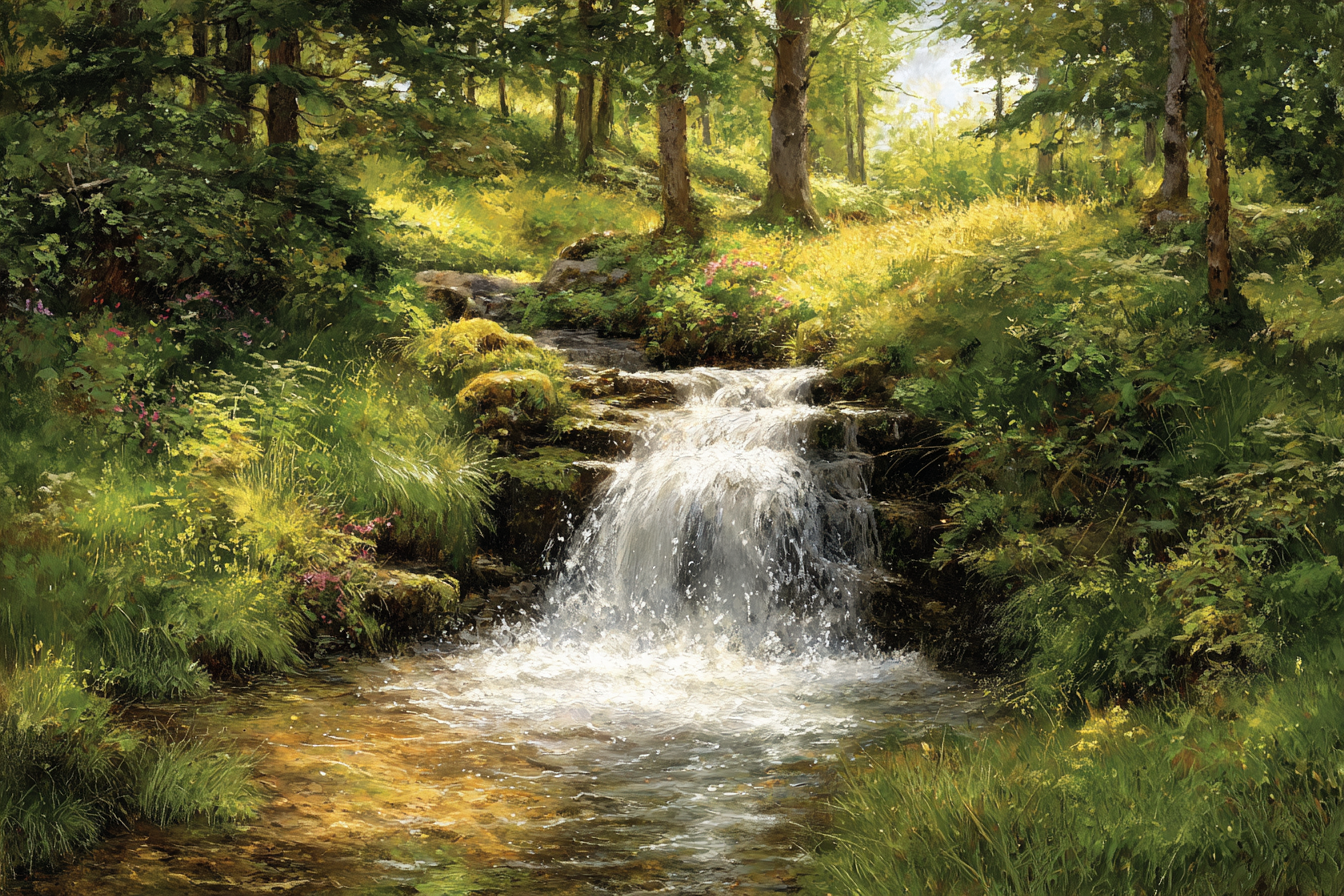 Waldwasserfall Mit Sanftem Sonnenlicht Und Blumen | Wasserfaelle und Tropfen | Natur