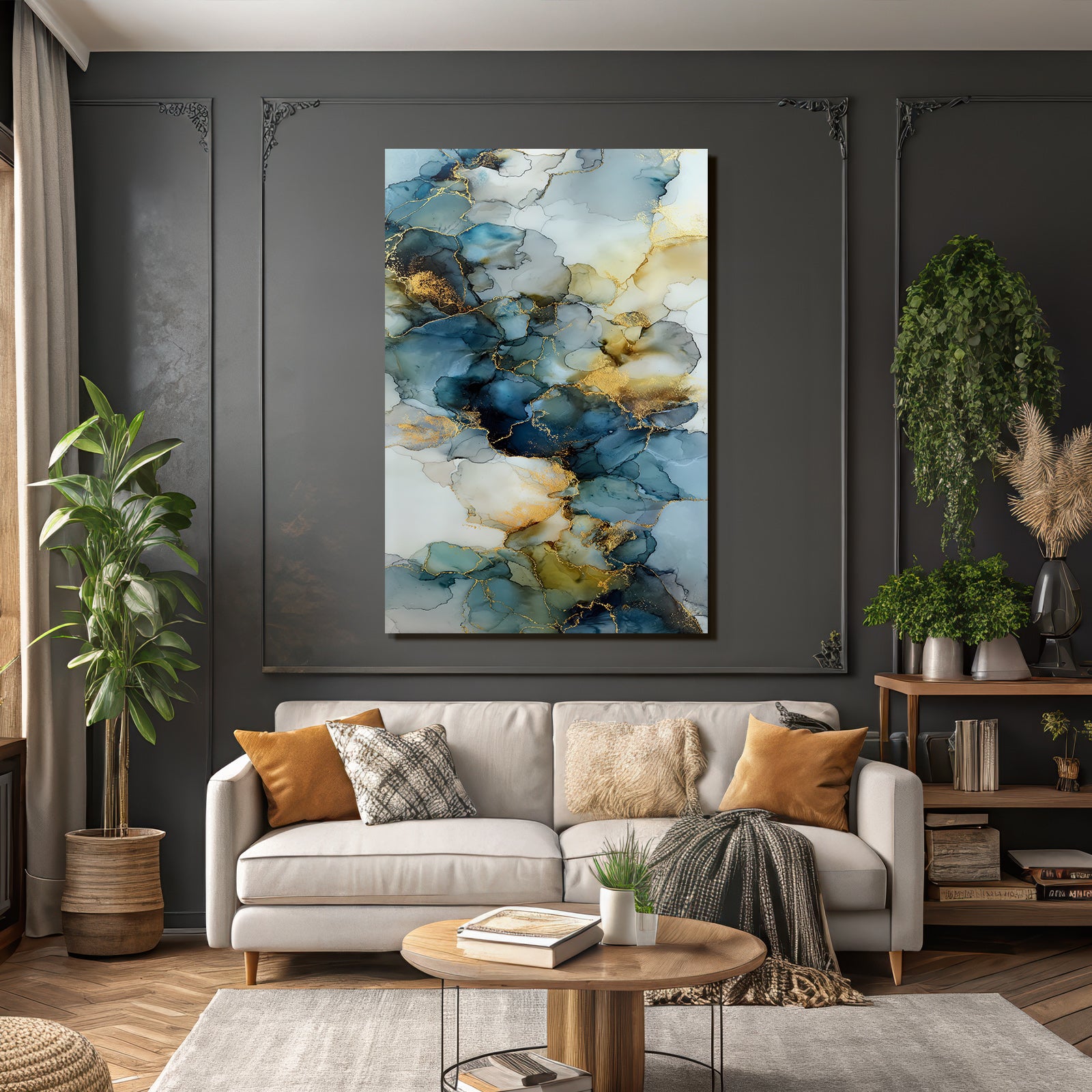 Alkoholtintenkunst In Blau Weiss Und Gold