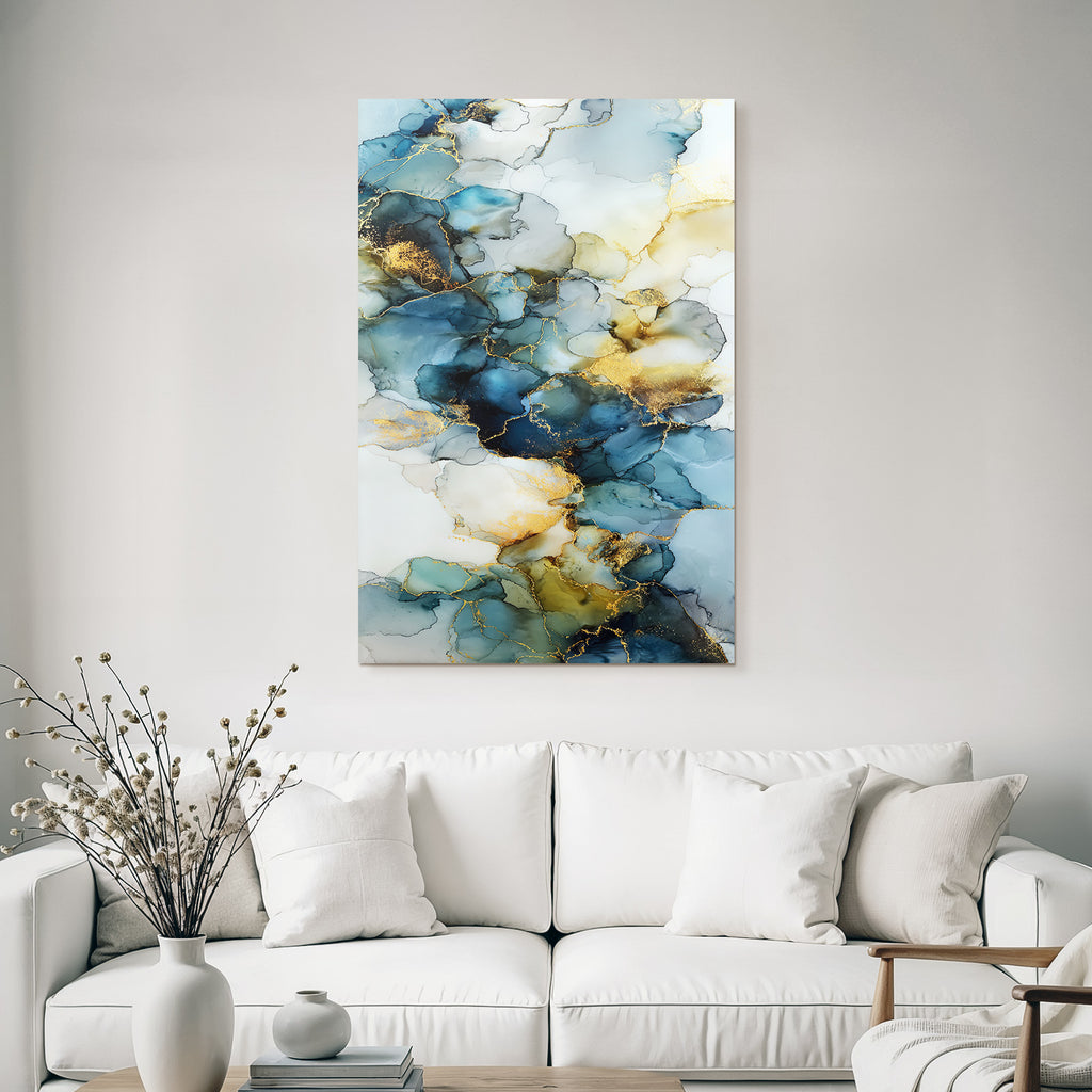 Alkoholtintenkunst In Blau Weiss Und Gold