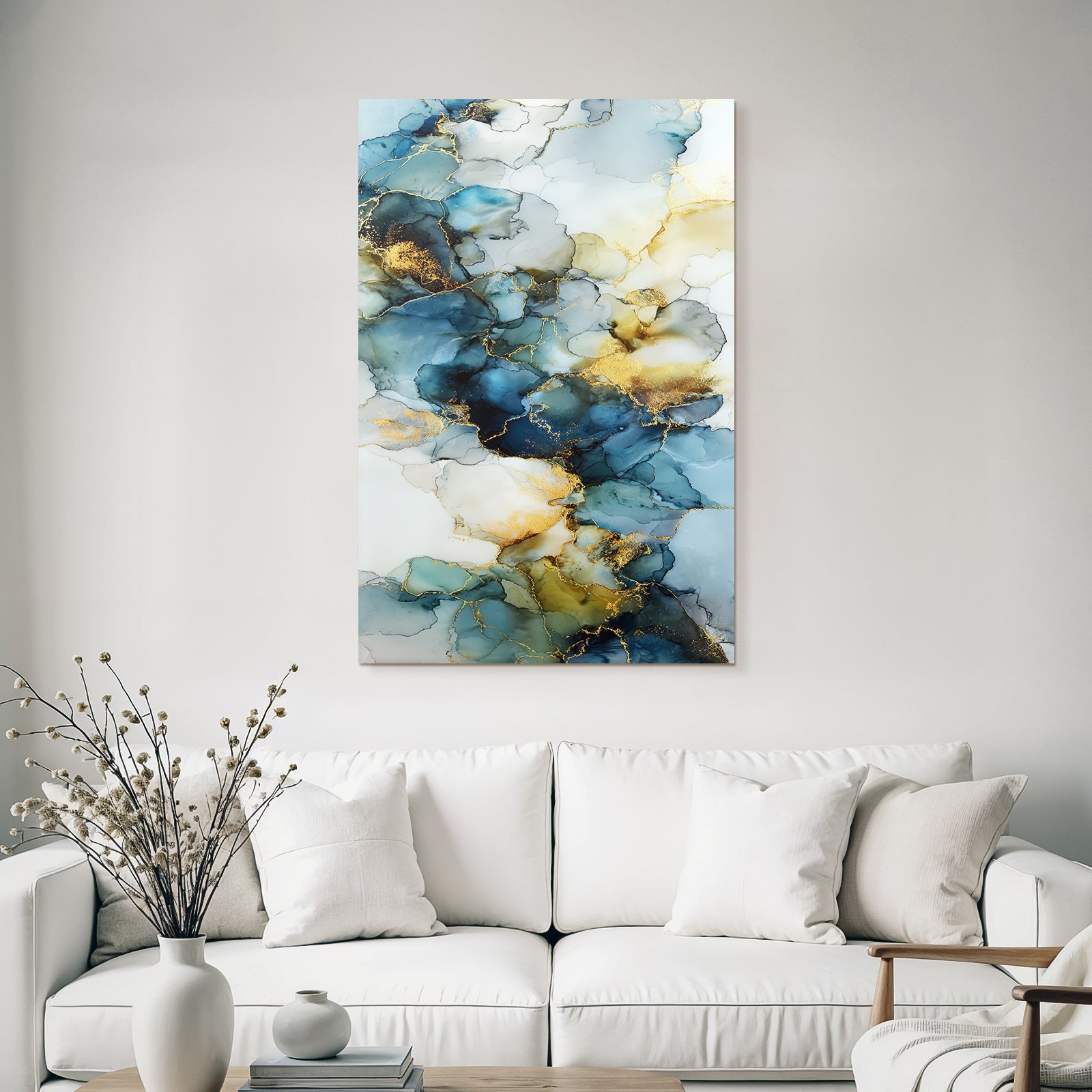 Alkoholtintenkunst In Blau Weiss Und Gold