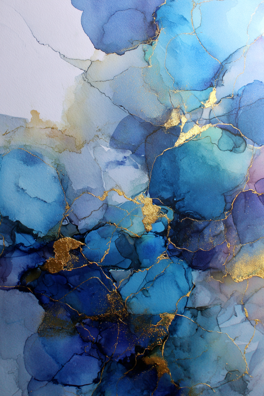 Aquarellmalerei Blaü Farben Mit Goldenen Akzenten | Abstrakt | Stilrichtungen