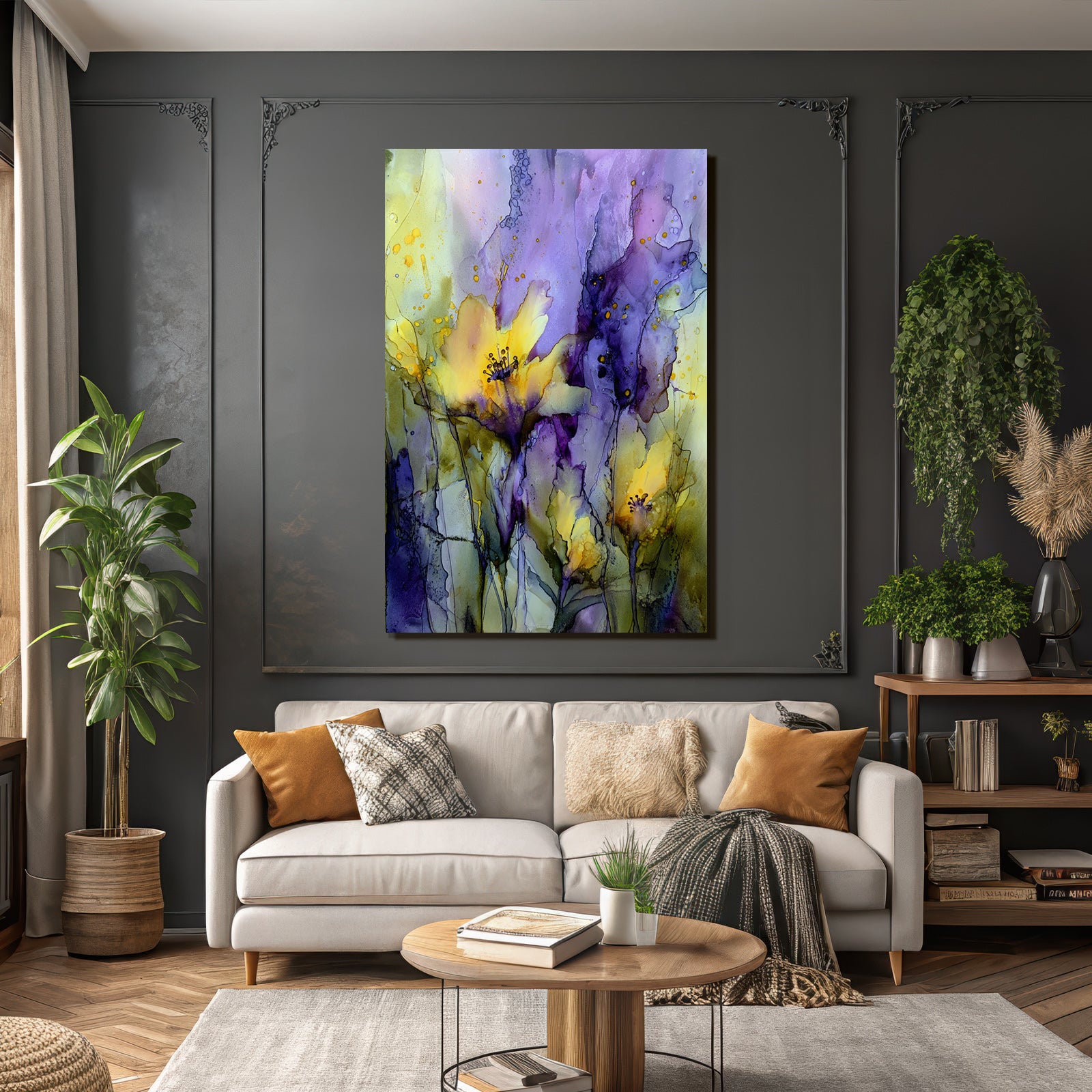 Blumenmalerei In Gelben Und Lila Nuancen