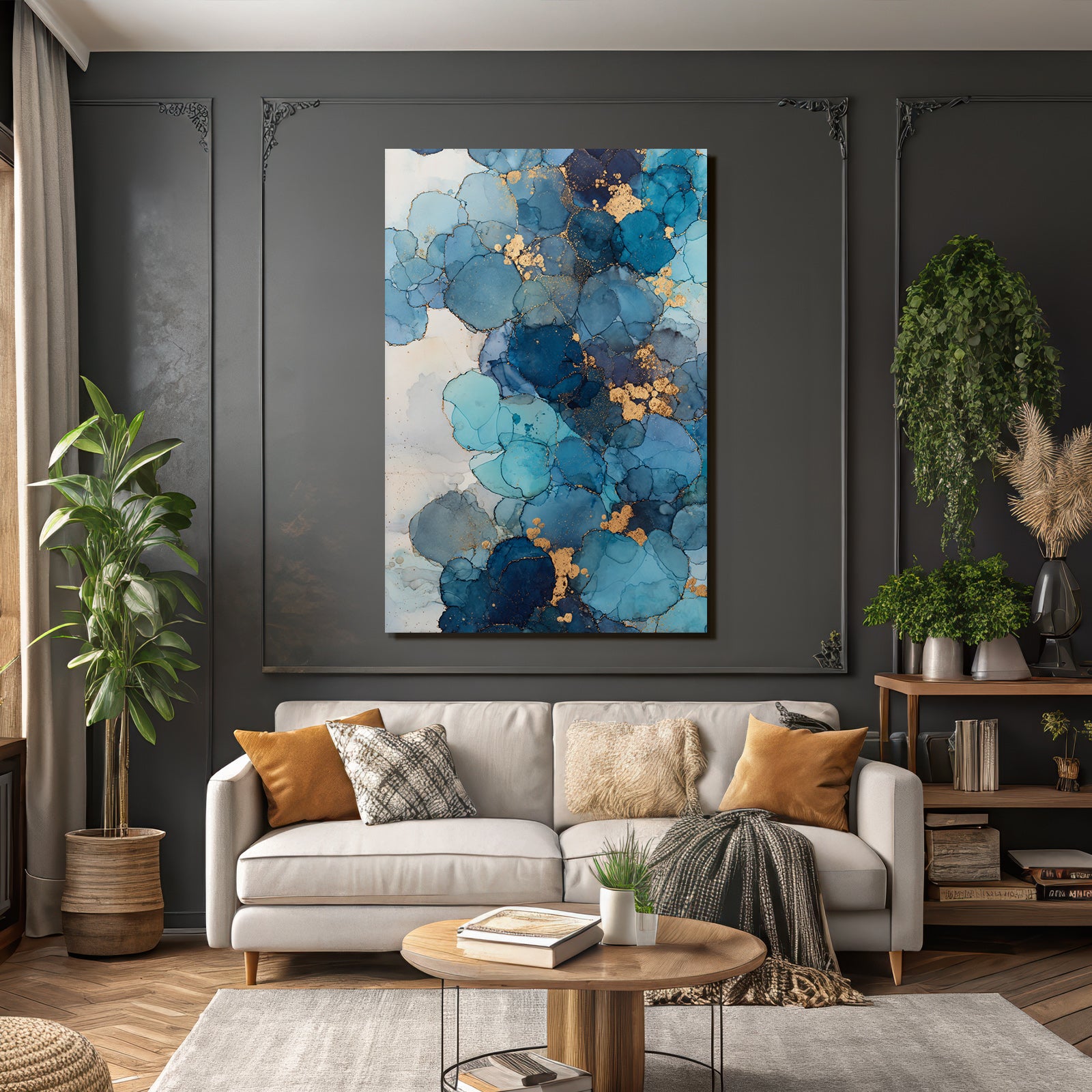 Design Aus Alkohol Tinte In Blau Mit Goldakzenten
