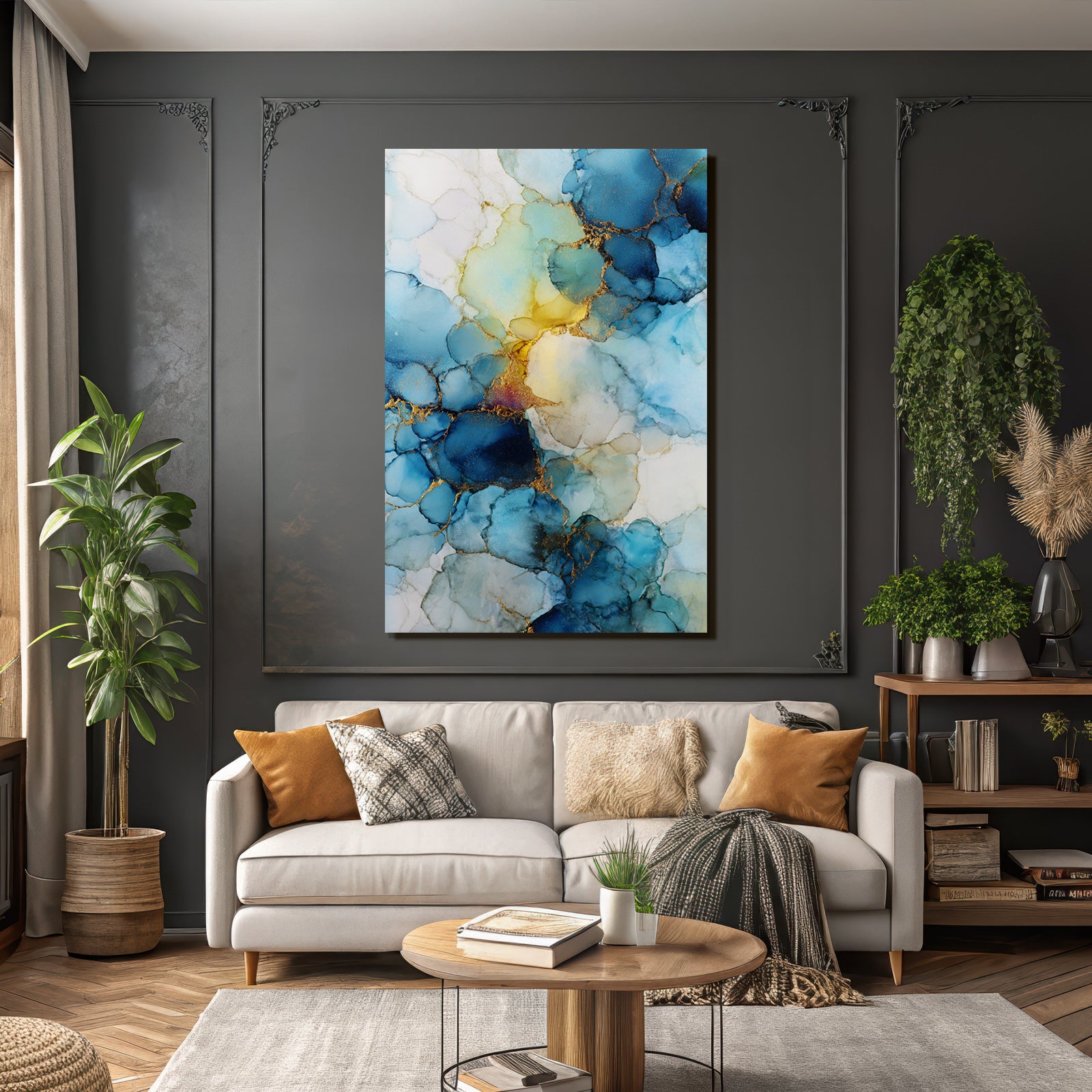 Design Mit Blau Türkis Und Goldenen Tönen Alkoholtinte