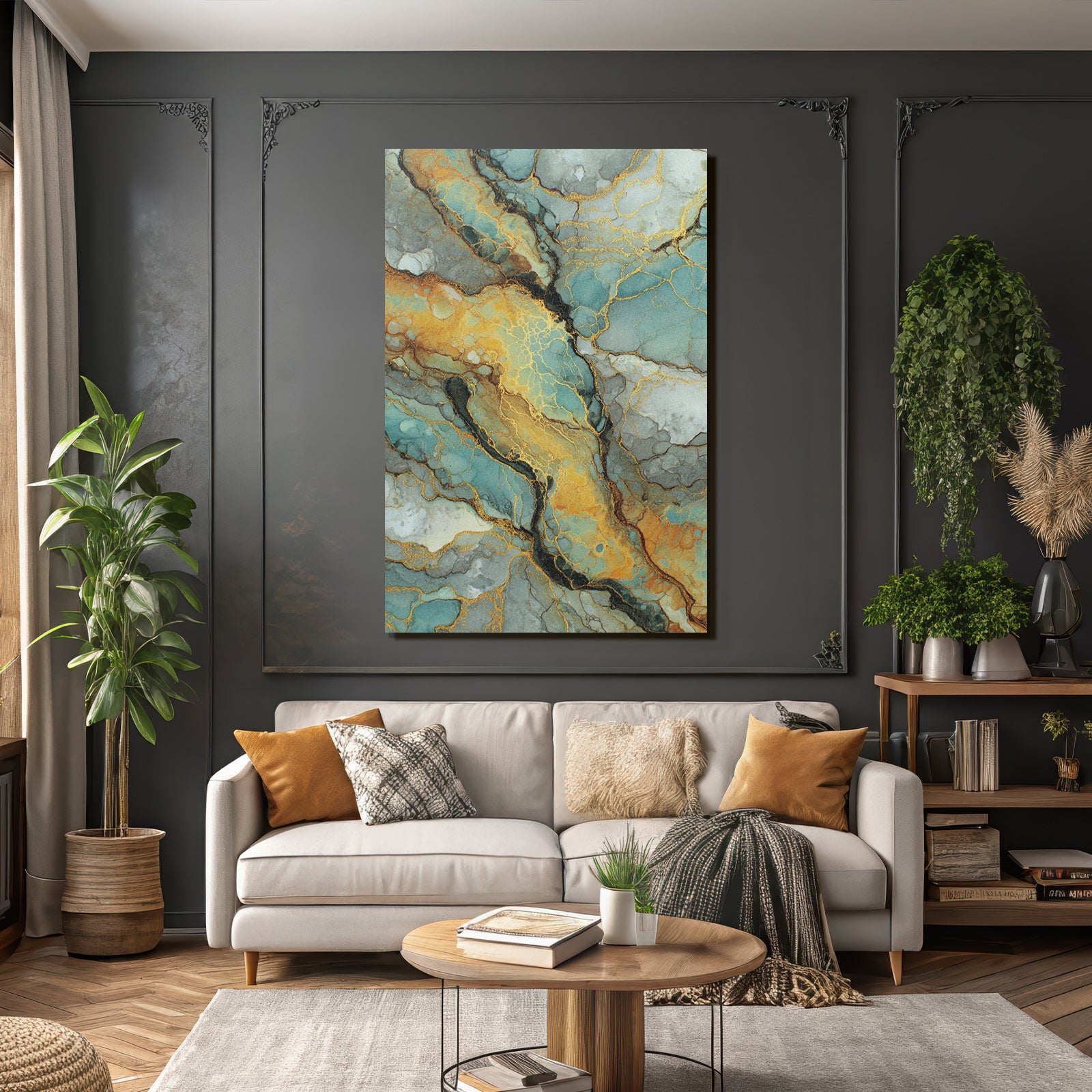 Flüssige Kunst Mit Blau Grau Und Gold