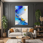 Fluide Formen In Blau Mit Gelb Und Zarten Goldlinien
