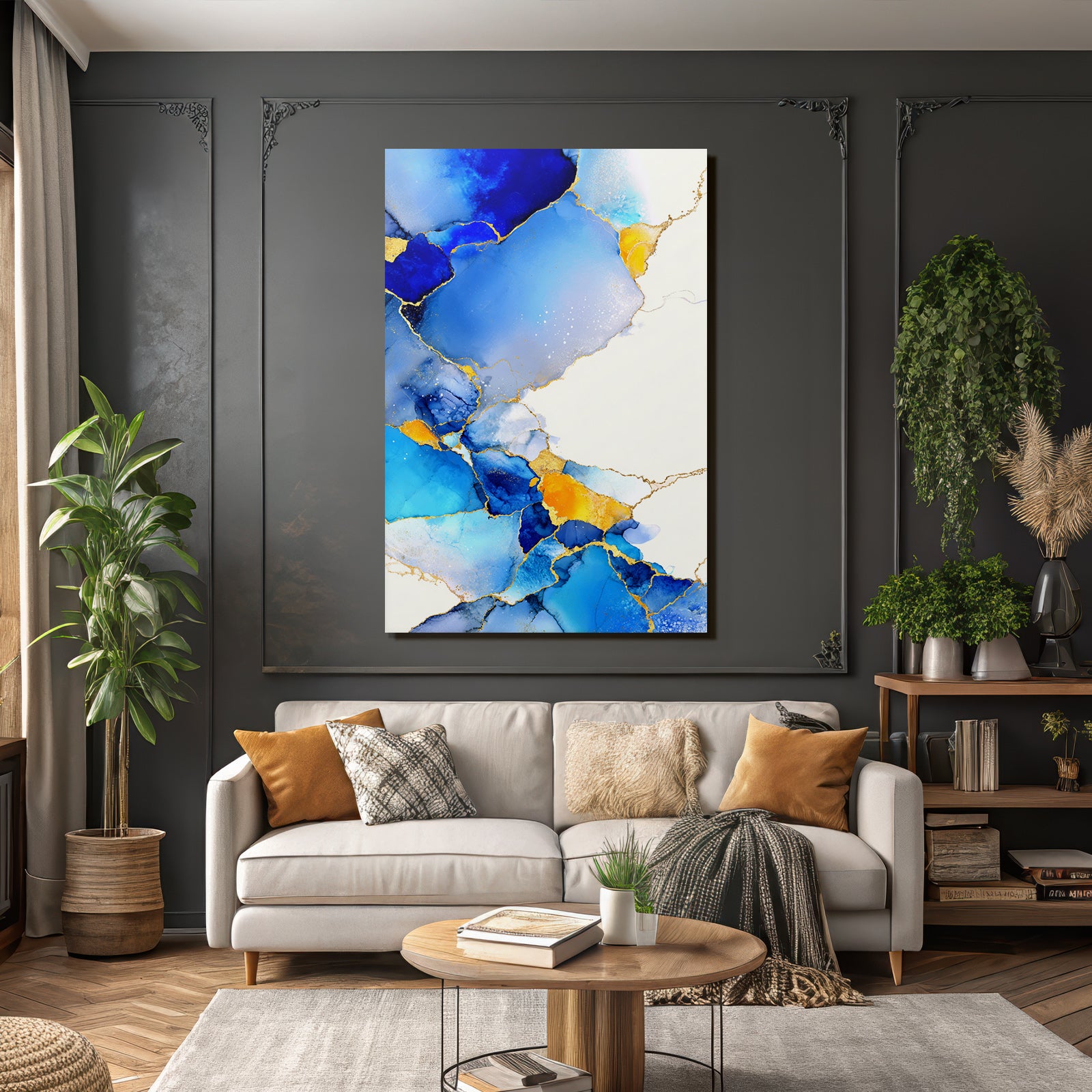 Fluide Formen In Blau Mit Gelb Und Zarten Goldlinien