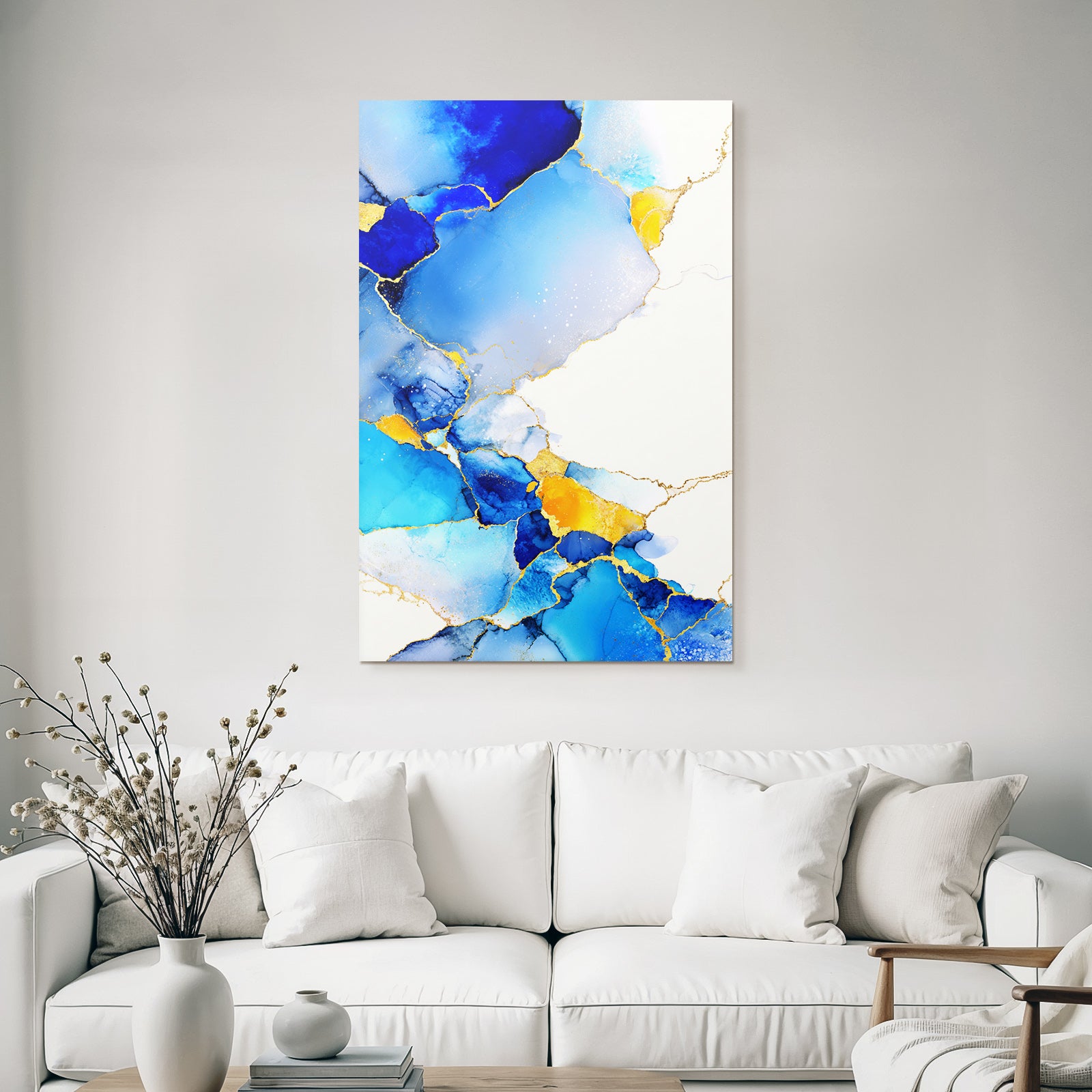 Fluide Formen In Blau Mit Gelb Und Zarten Goldlinien