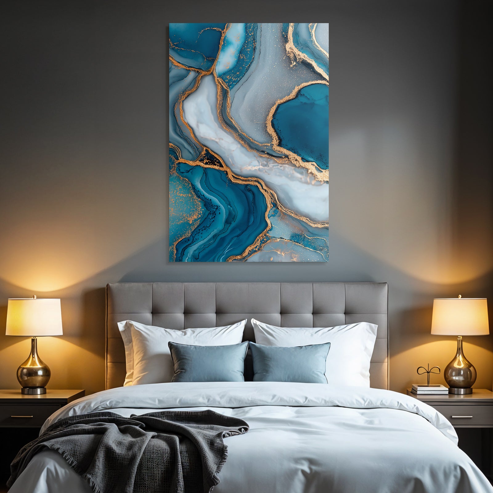 Fluidkunst Blau Grau Mit Goldakzenten