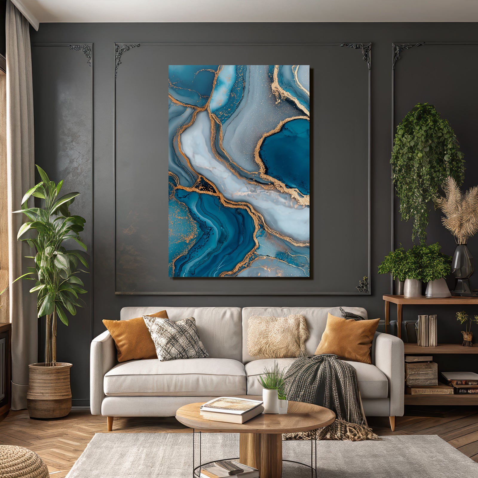 Fluidkunst Blau Grau Mit Goldakzenten