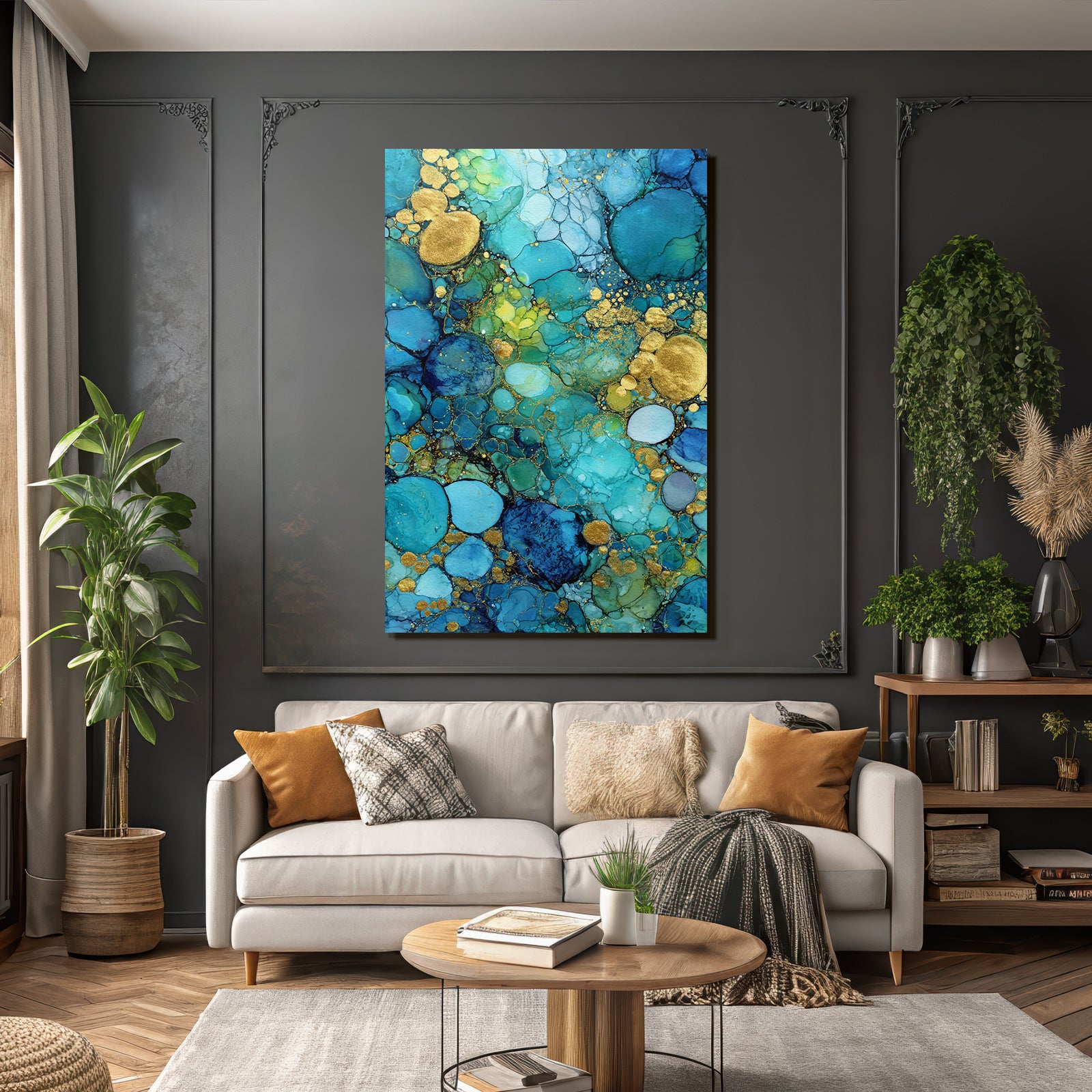 Art Blue Green Gold Accents And Organic Shapes