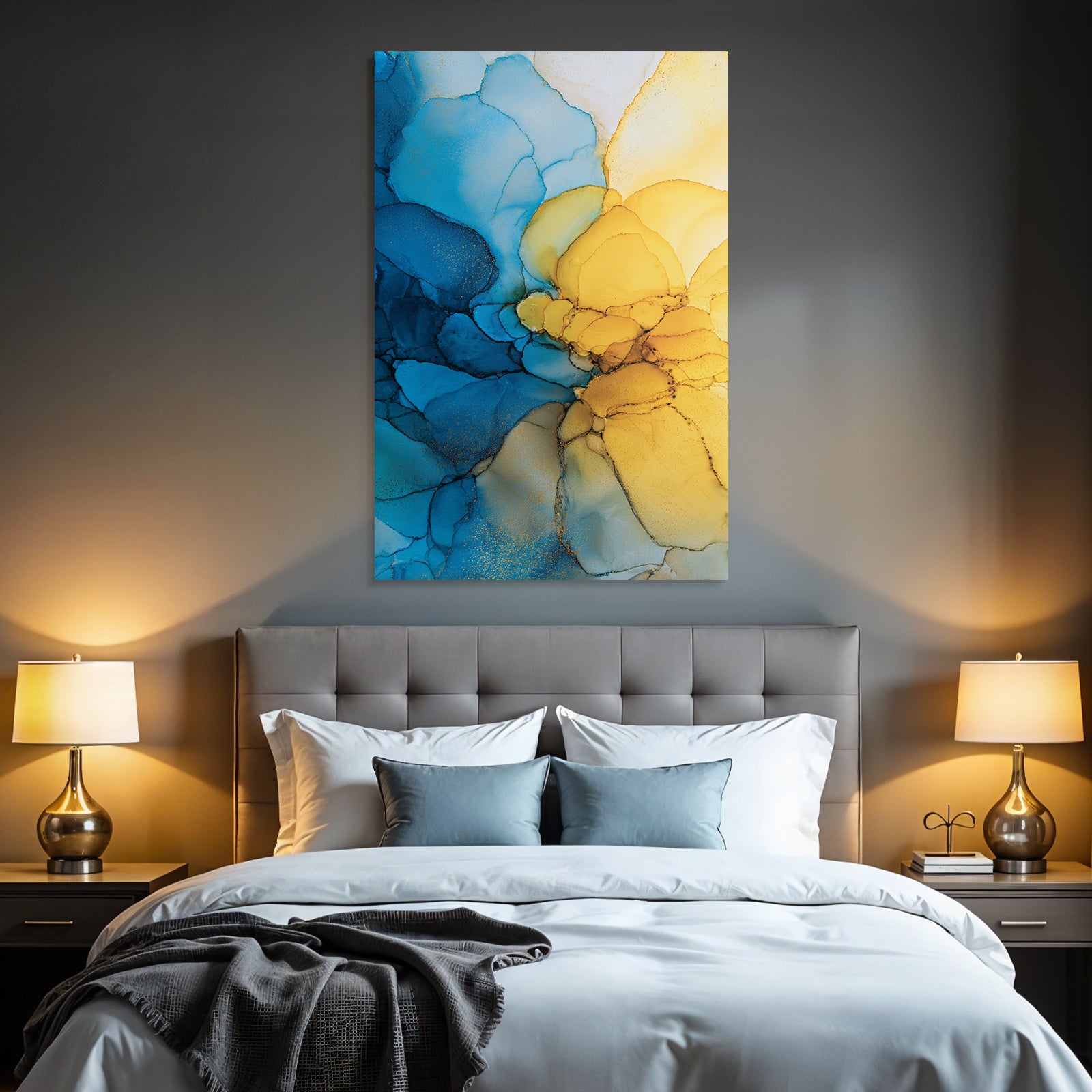 Kunst Mit Blau Gelb Fliessende Formen Und Goldakzenten
