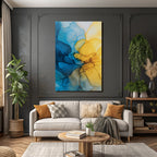 Kunst Mit Blau Gelb Fliessende Formen Und Goldakzenten