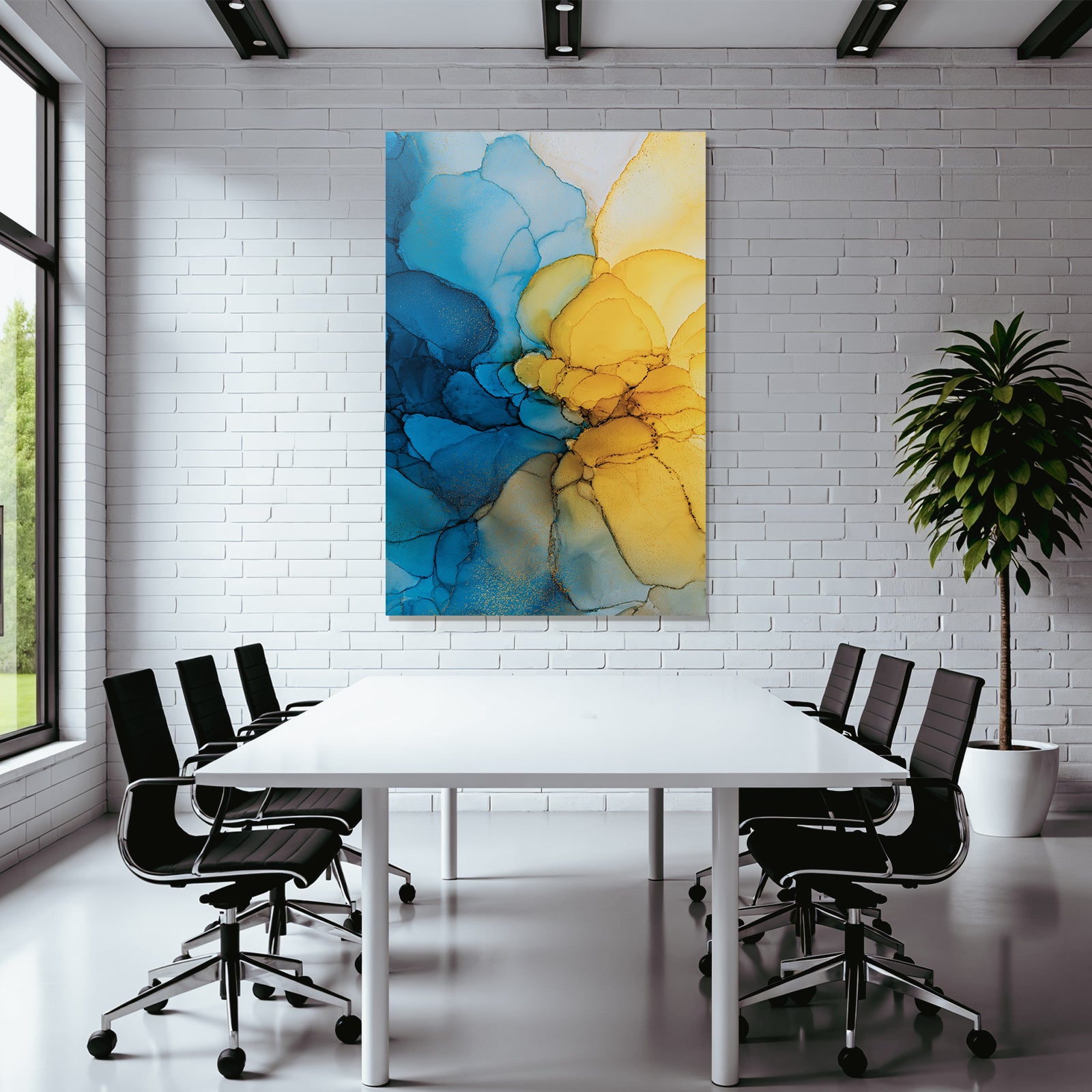 Kunst Mit Blau Gelb Fliessende Formen Und Goldakzenten