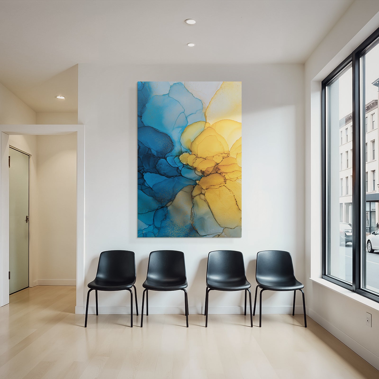 Kunst Mit Blau Gelb Fliessende Formen Und Goldakzenten