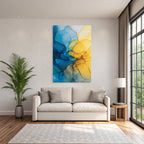 Kunst Mit Blau Gelb Fliessende Formen Und Goldakzenten