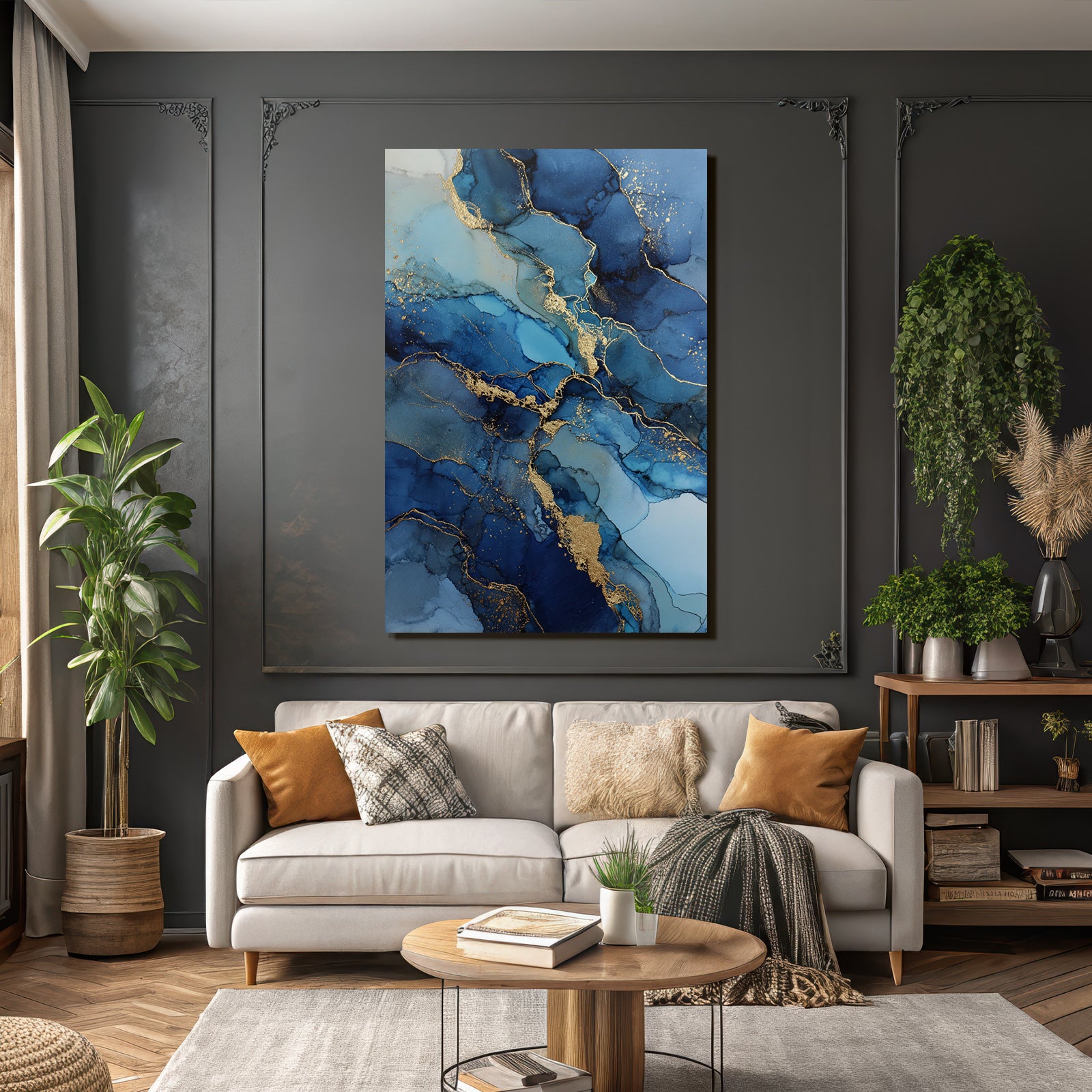 Kunst Tiefblau Türkis Goldene Veinen