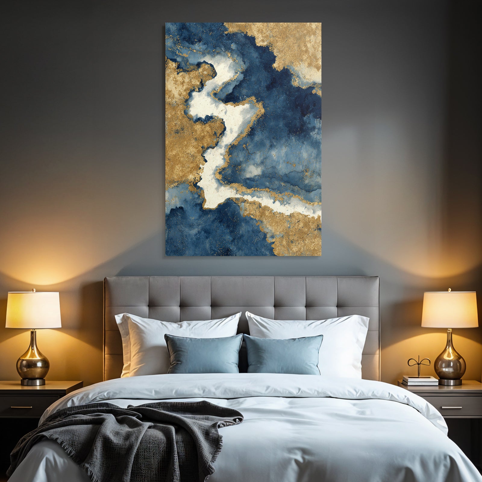 Kunstwerk Fluide Muster Blau Weiss Gold