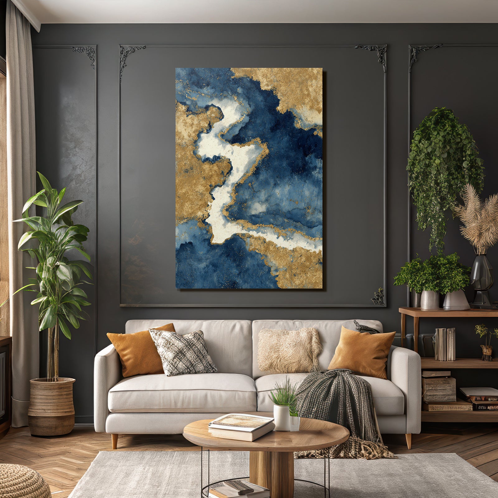 Kunstwerk Fluide Muster Blau Weiss Gold