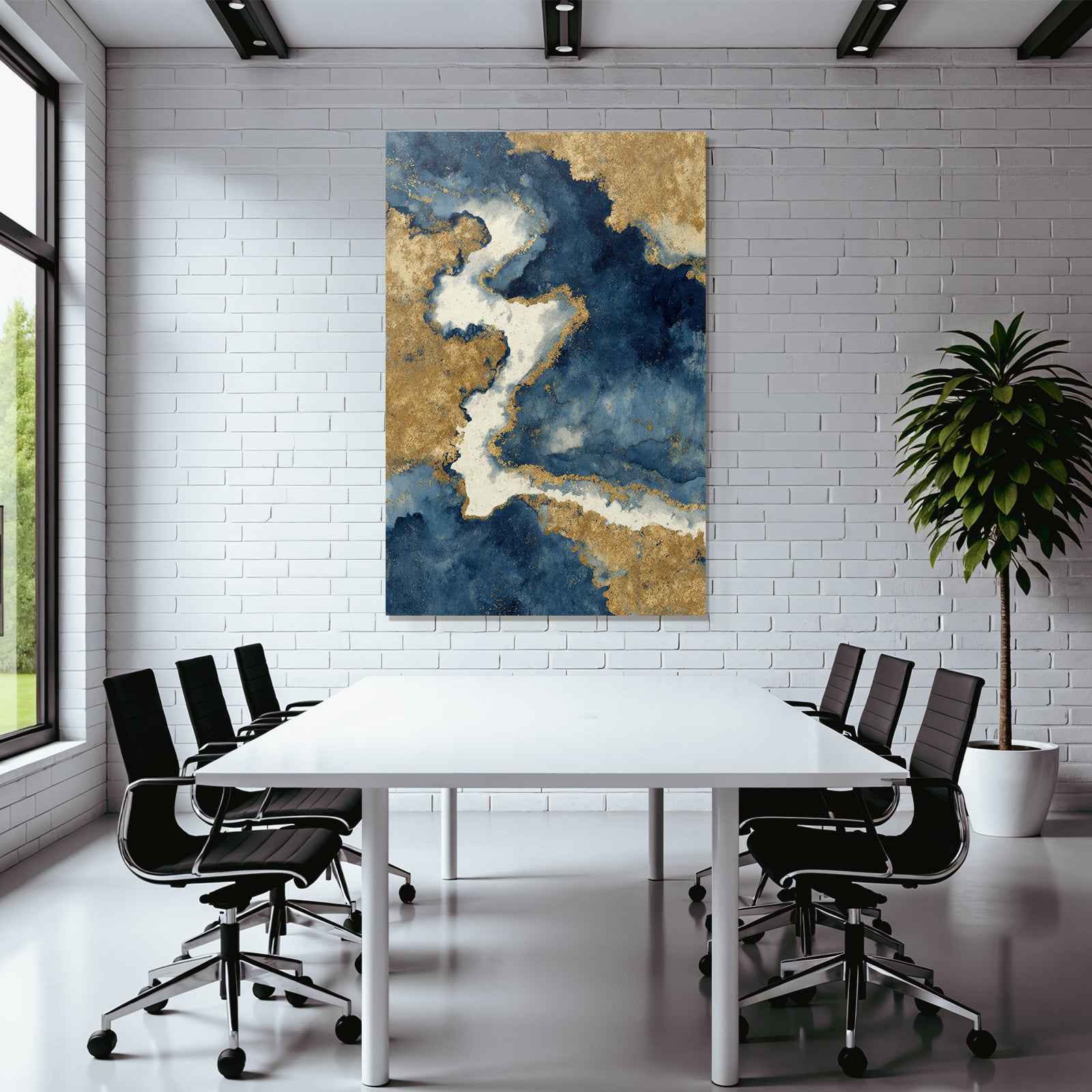 Kunstwerk Fluide Muster Blau Weiss Gold