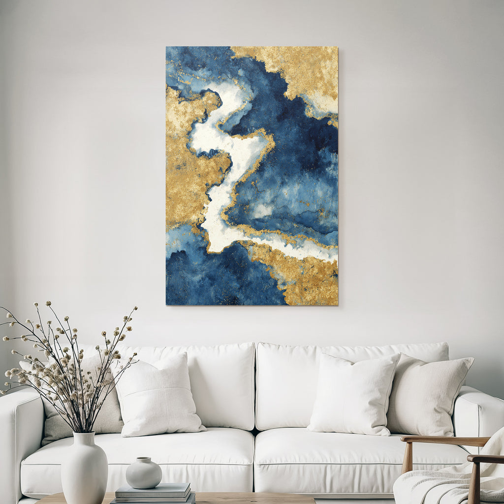 Kunstwerk Fluide Muster Blau Weiss Gold