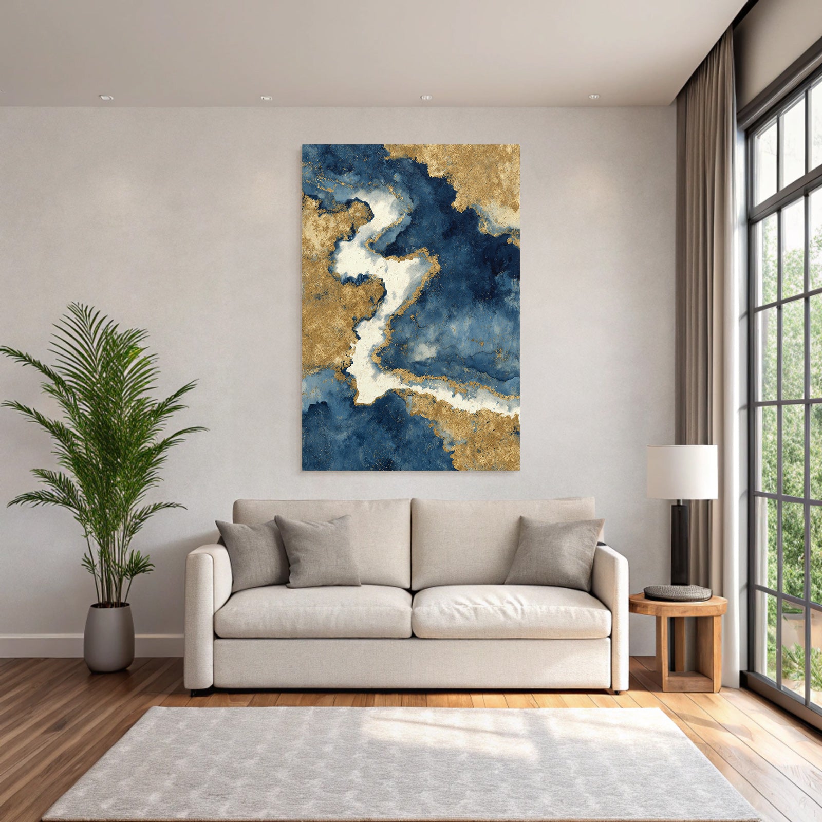 Kunstwerk Fluide Muster Blau Weiss Gold