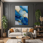 Kunstwerk Flussende Formen Blau Weiss Gold