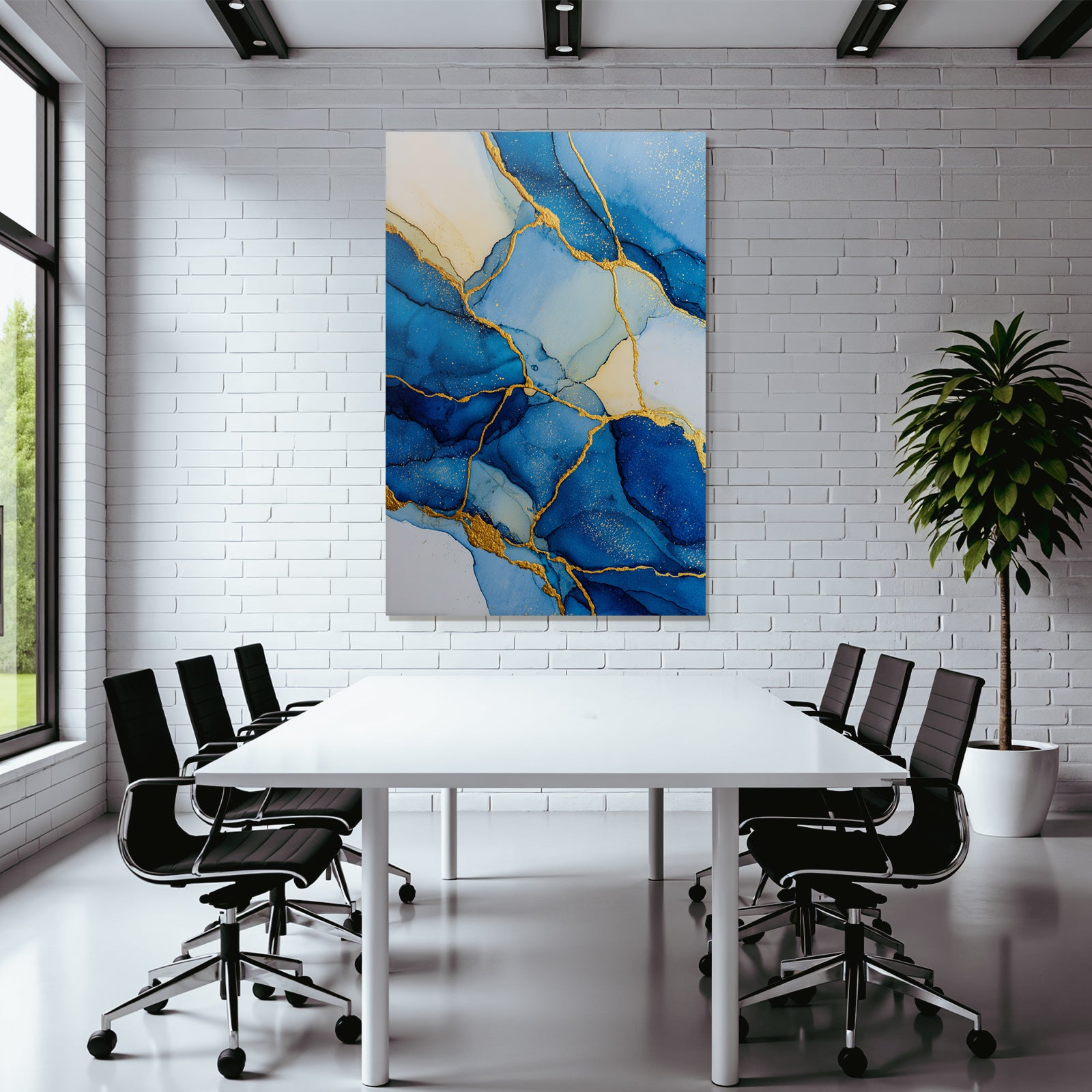 Kunstwerk Flussende Formen Blau Weiss Gold