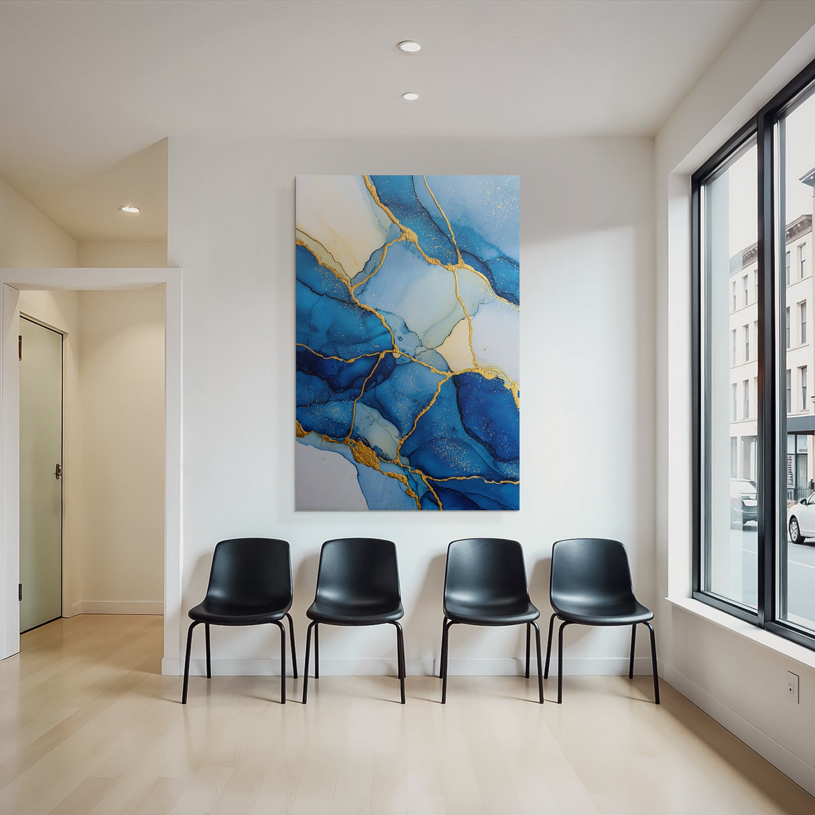Kunstwerk Flussende Formen Blau Weiss Gold