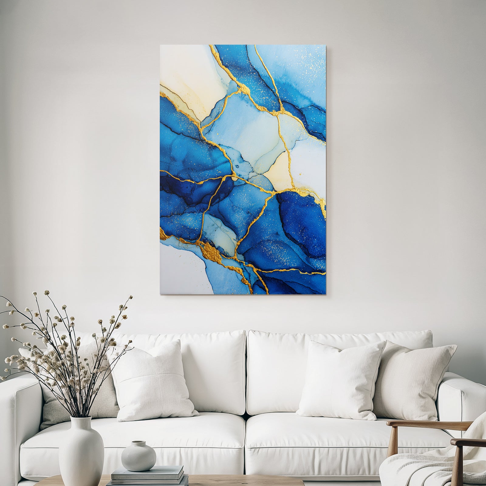 Kunstwerk Flussende Formen Blau Weiss Gold