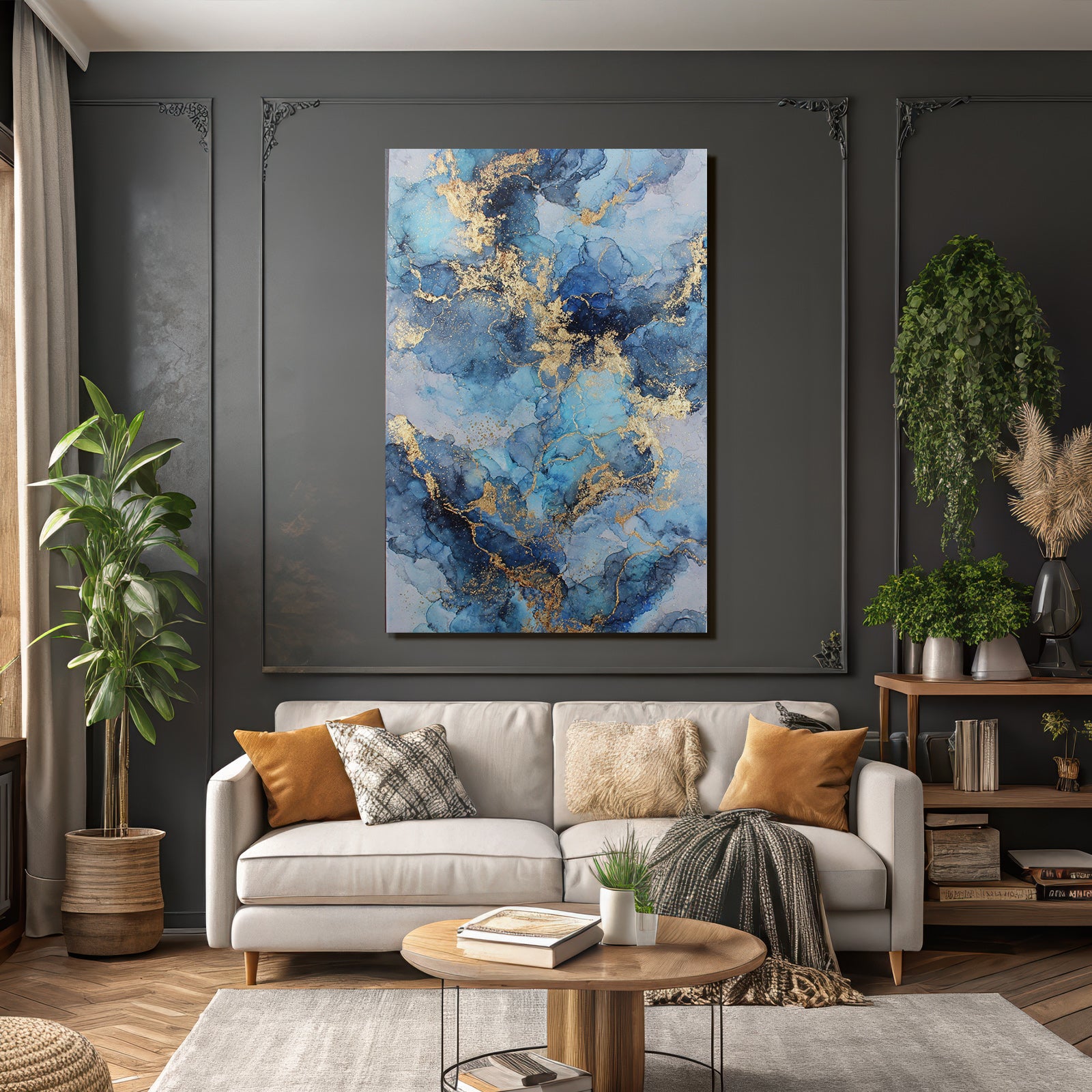 Kunstwerk Mit Blautonen Und Goldakzenten