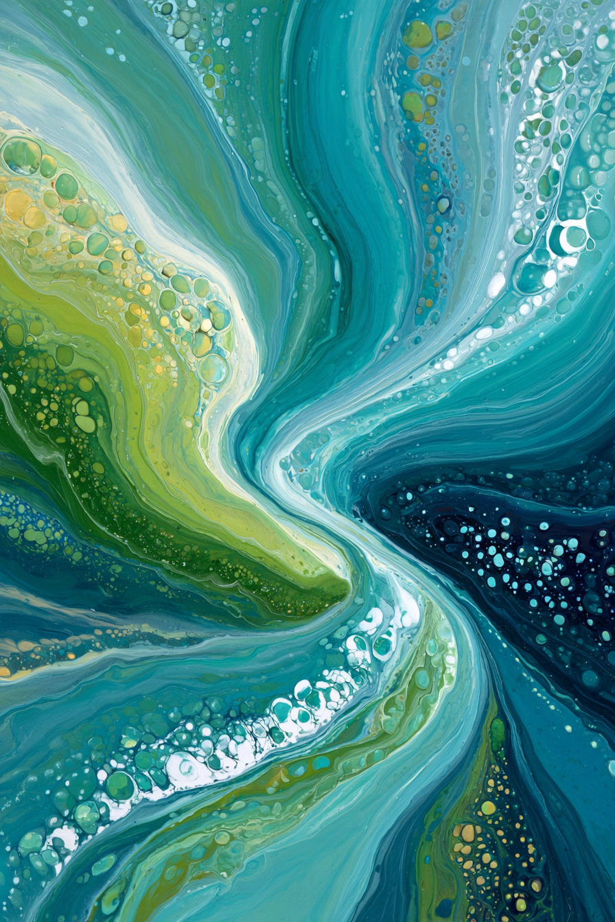 Kunstwerk Mit Wirbelnden Blau Grünen Farben Mit Gelben Akzenten | Abstrakt | Stilrichtungen