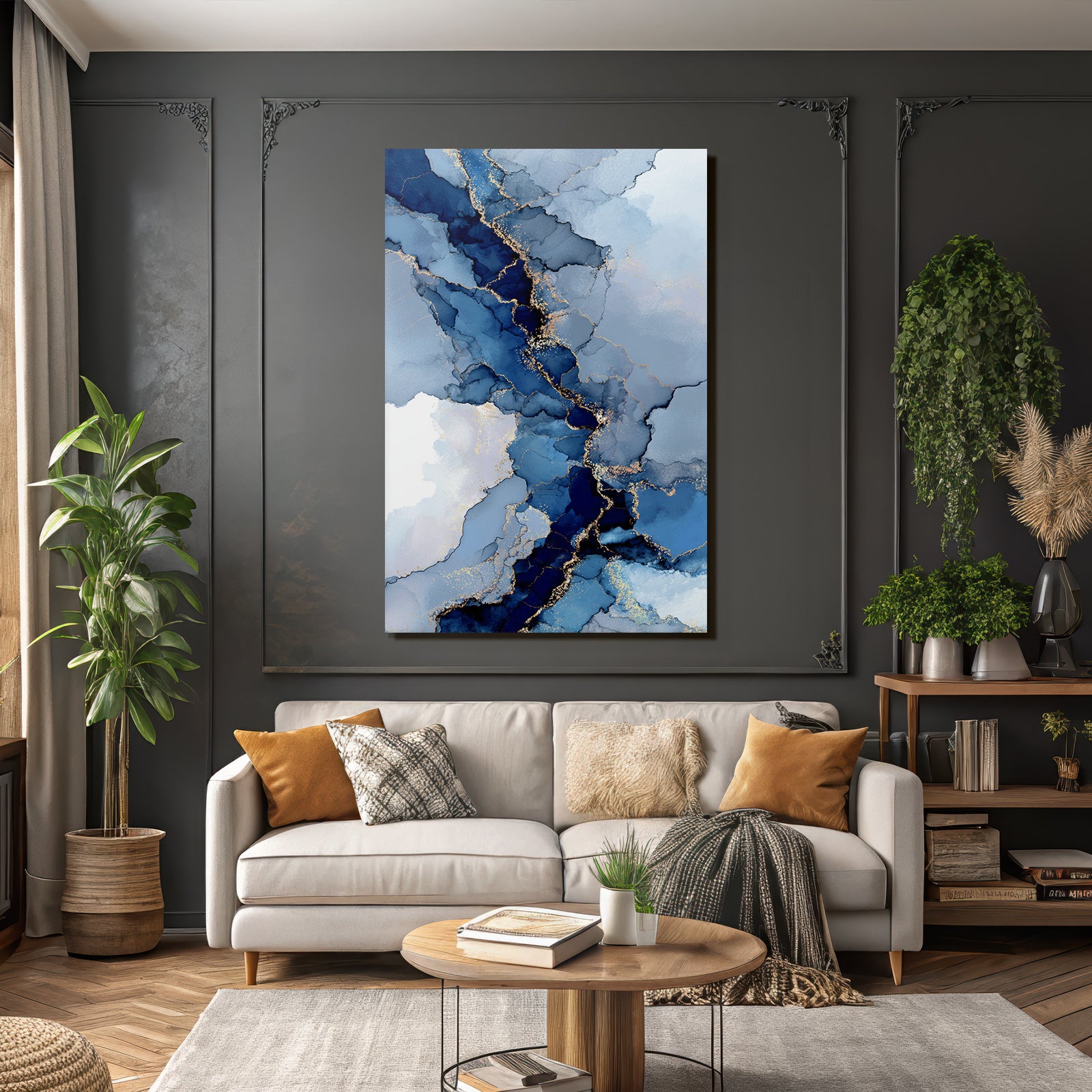 Wasserfarbenbild In Blau Mit Goldakzent