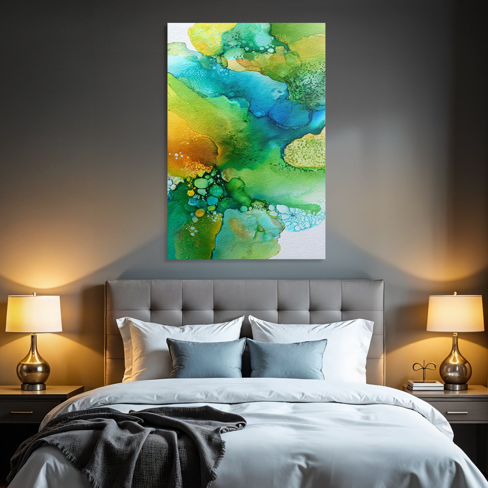Watercolor painting with green, blue, yellow colors and liquid shapes