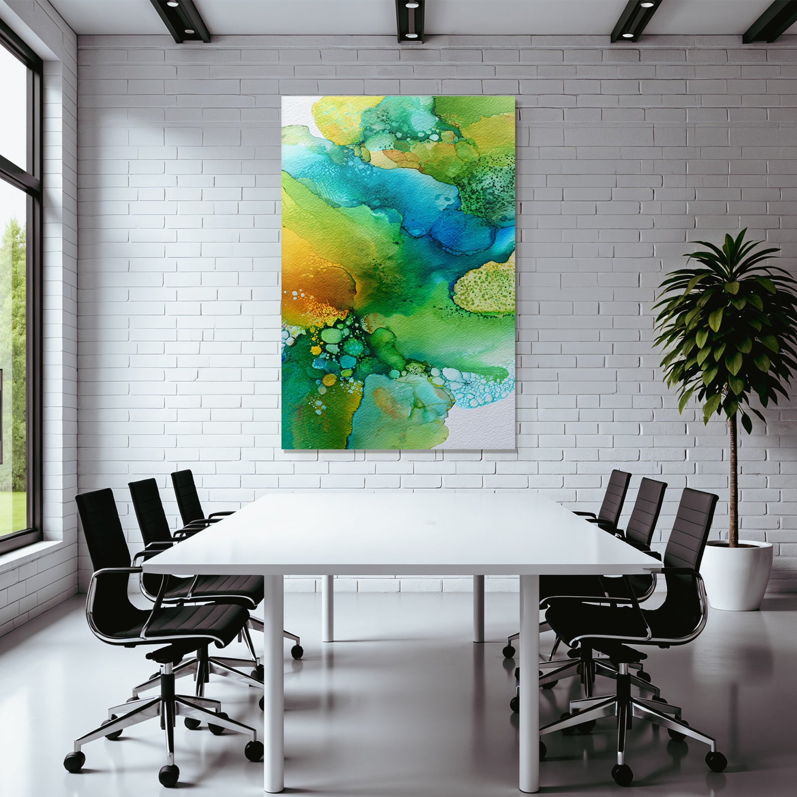 Watercolor painting with green, blue, yellow colors and liquid shapes
