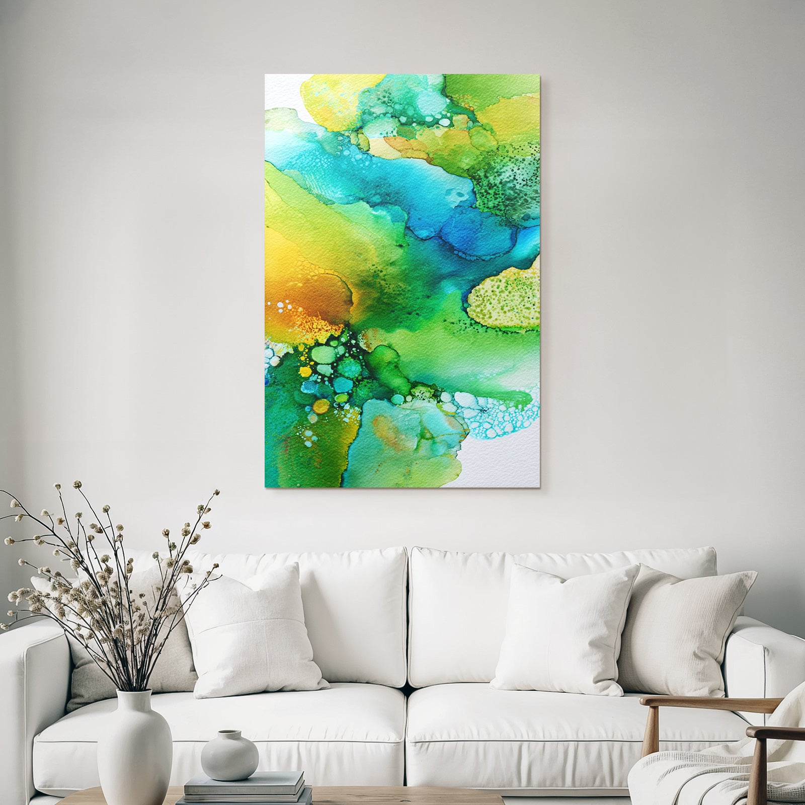 Watercolor painting with green, blue, yellow colors and liquid shapes