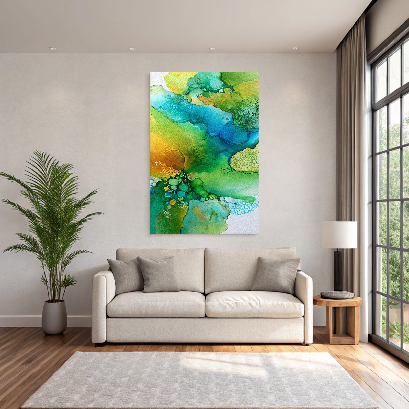 Watercolor painting with green, blue, yellow colors and liquid shapes