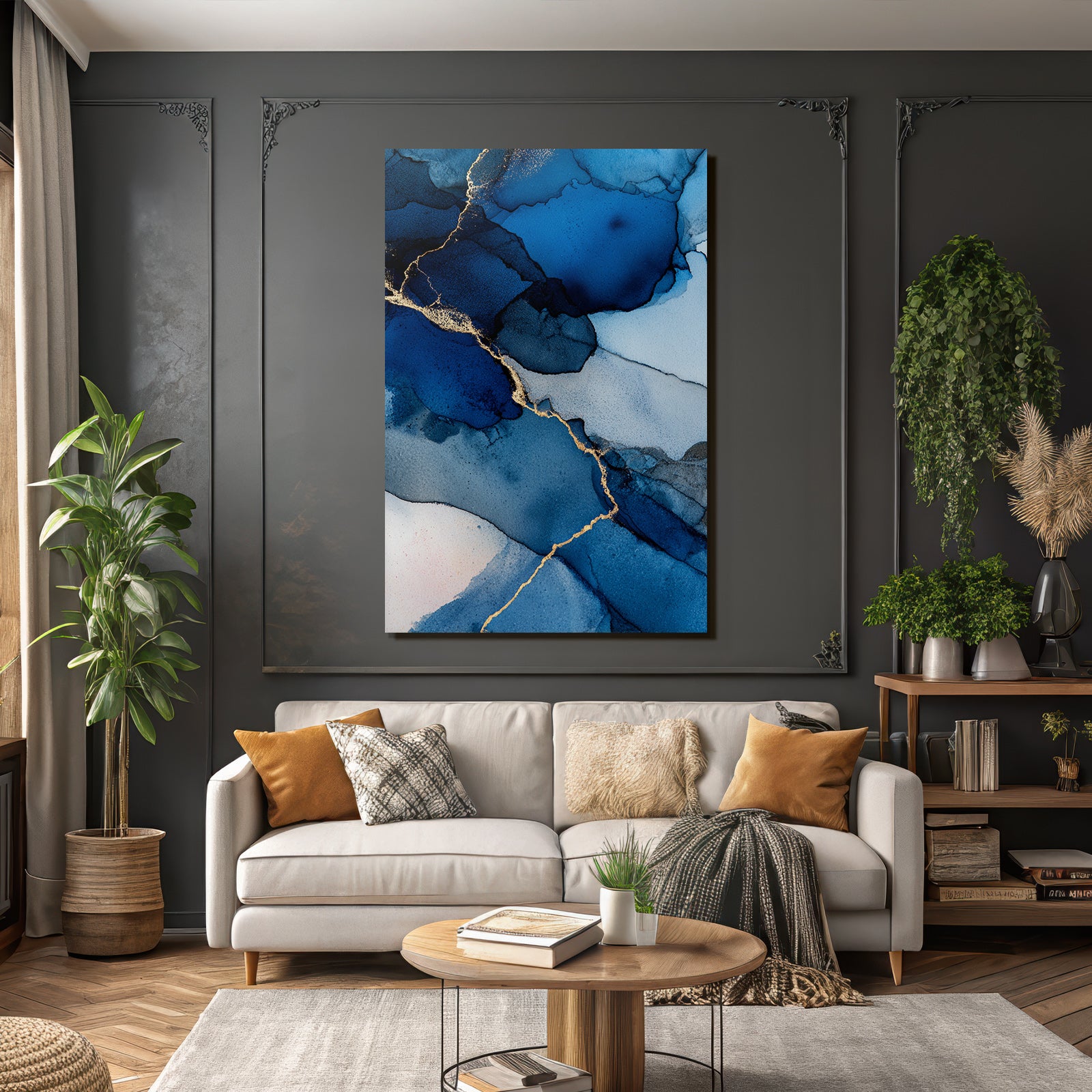 Wasserfarbenkunst Mit Goldlinien Und Beruhigenden Blautonen