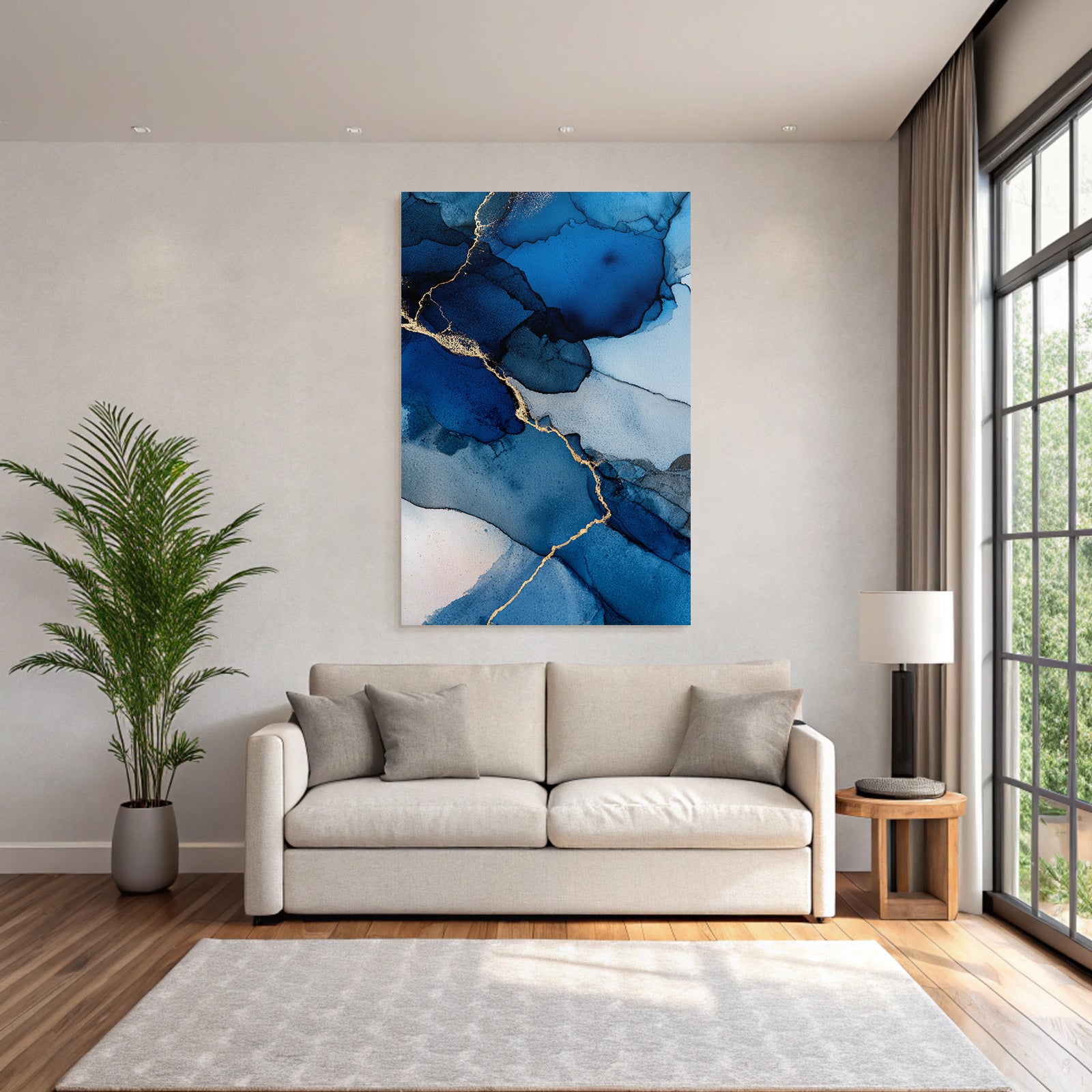 Wasserfarbenkunst Mit Goldlinien Und Beruhigenden Blautonen