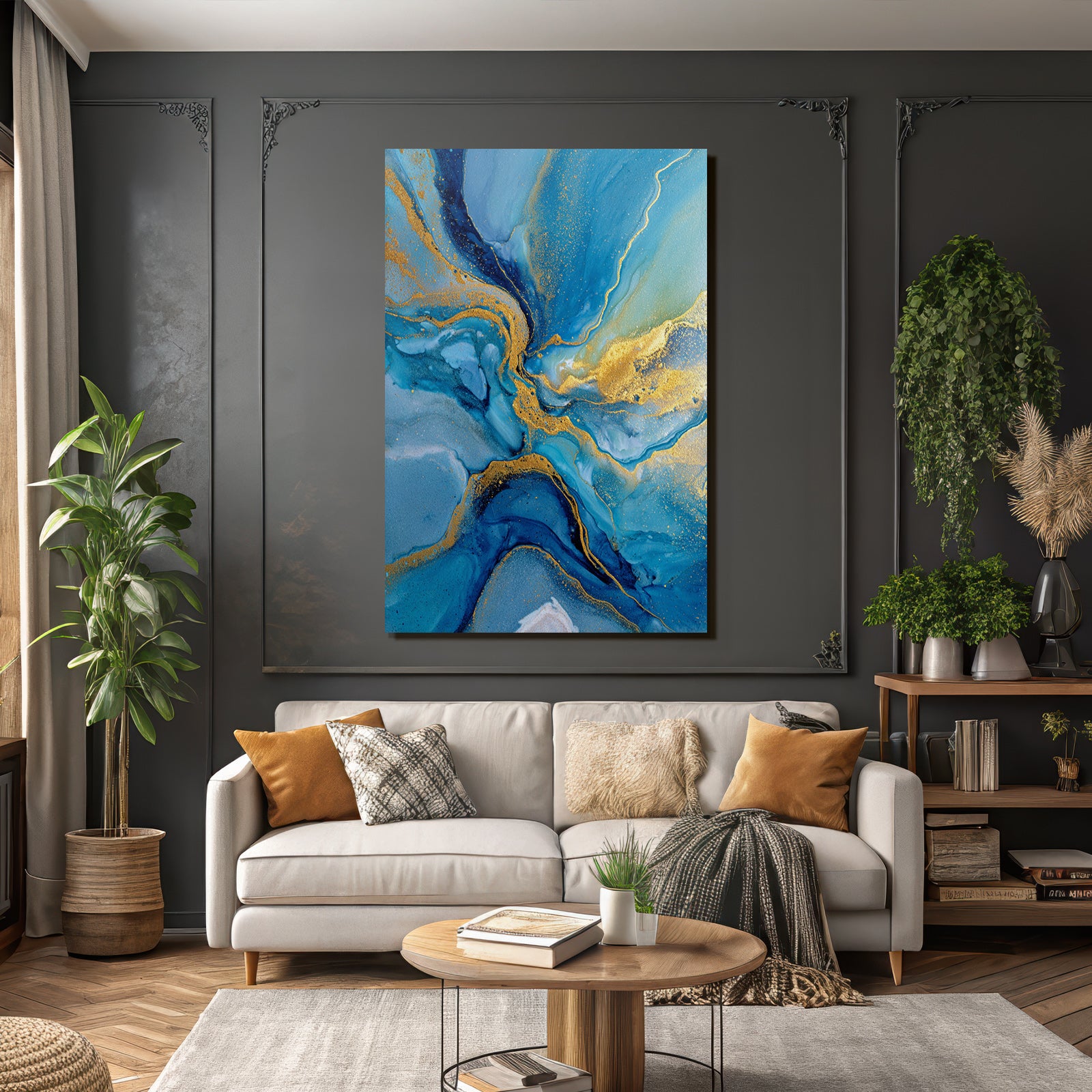Wasserfarbenmalerei Mit Wirbelnden Mustern In Blau Und Gold