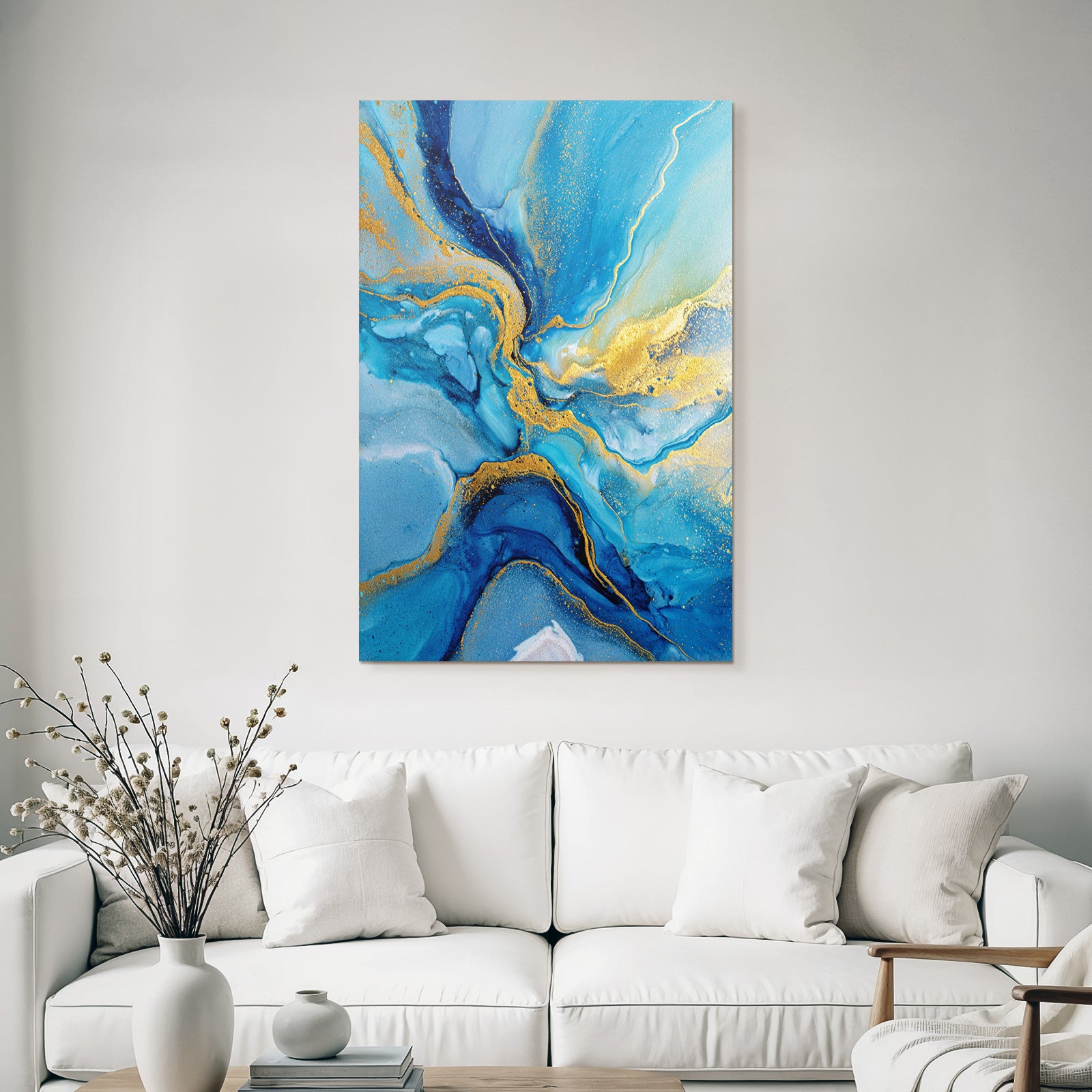 Wasserfarbenmalerei Mit Wirbelnden Mustern In Blau Und Gold