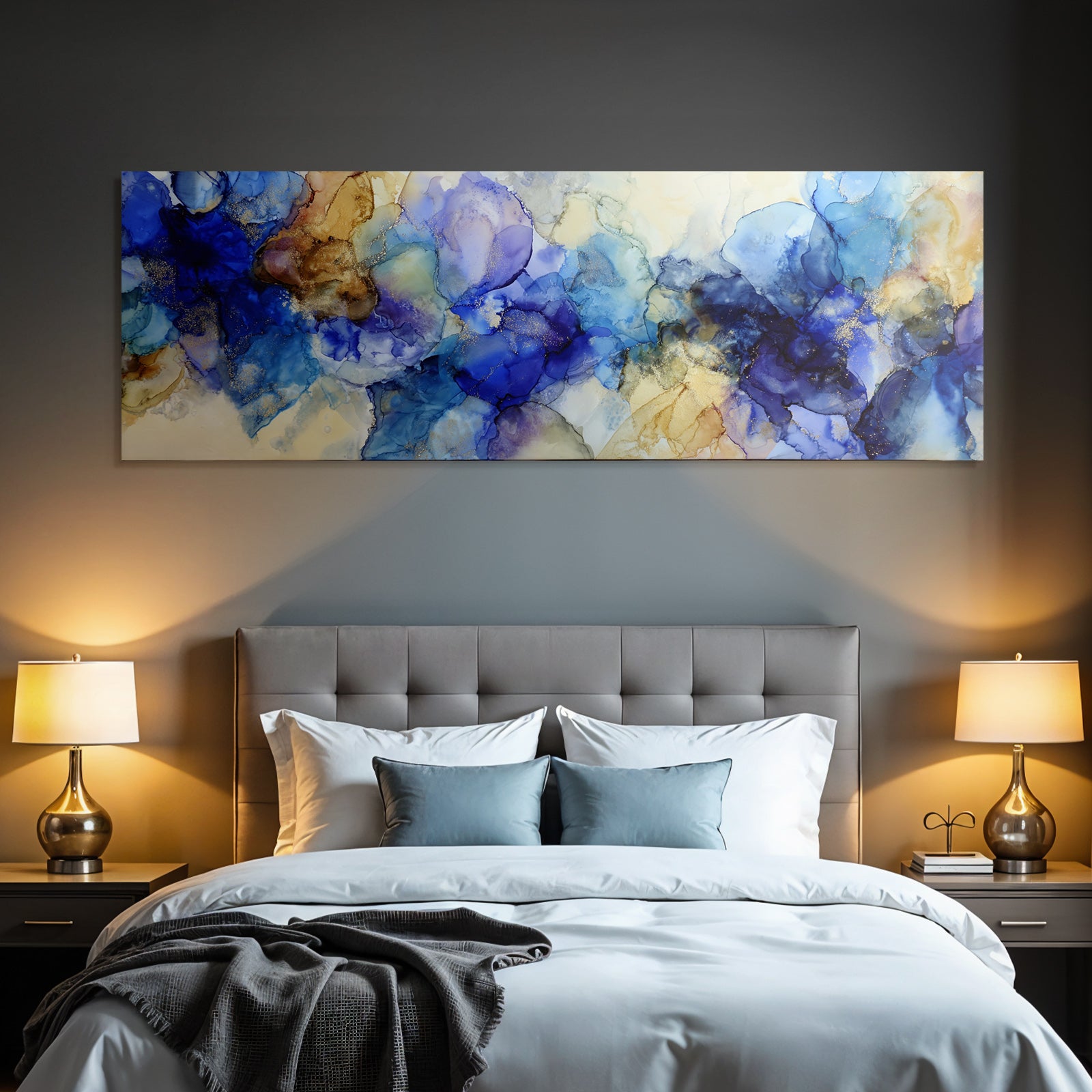 Kunstwerk Mit Blau Türkis Gold Malerischer Und Flussiger Formen