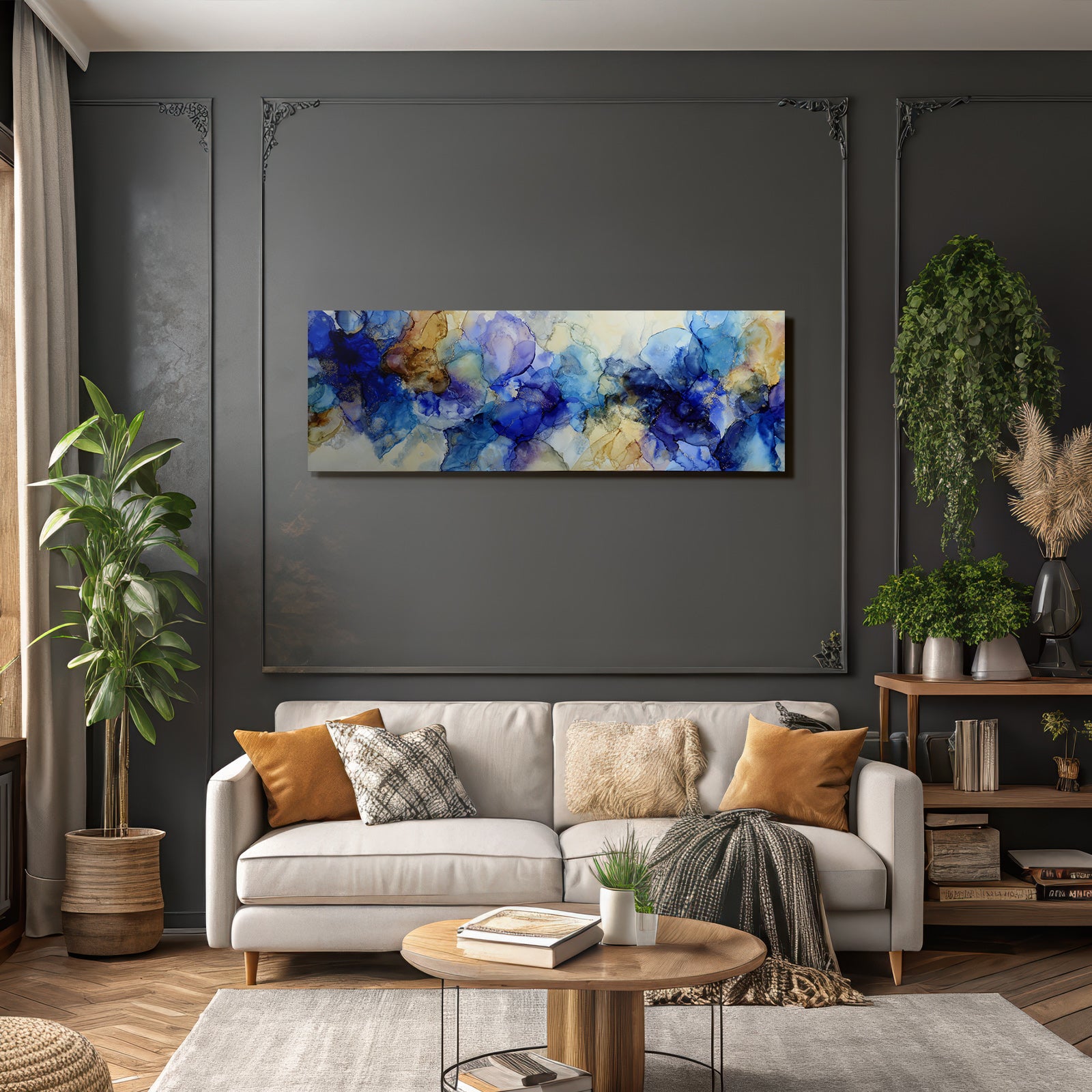 Kunstwerk Mit Blau Türkis Gold Malerischer Und Flussiger Formen