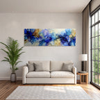 Kunstwerk Mit Blau Türkis Gold Malerischer Und Flussiger Formen