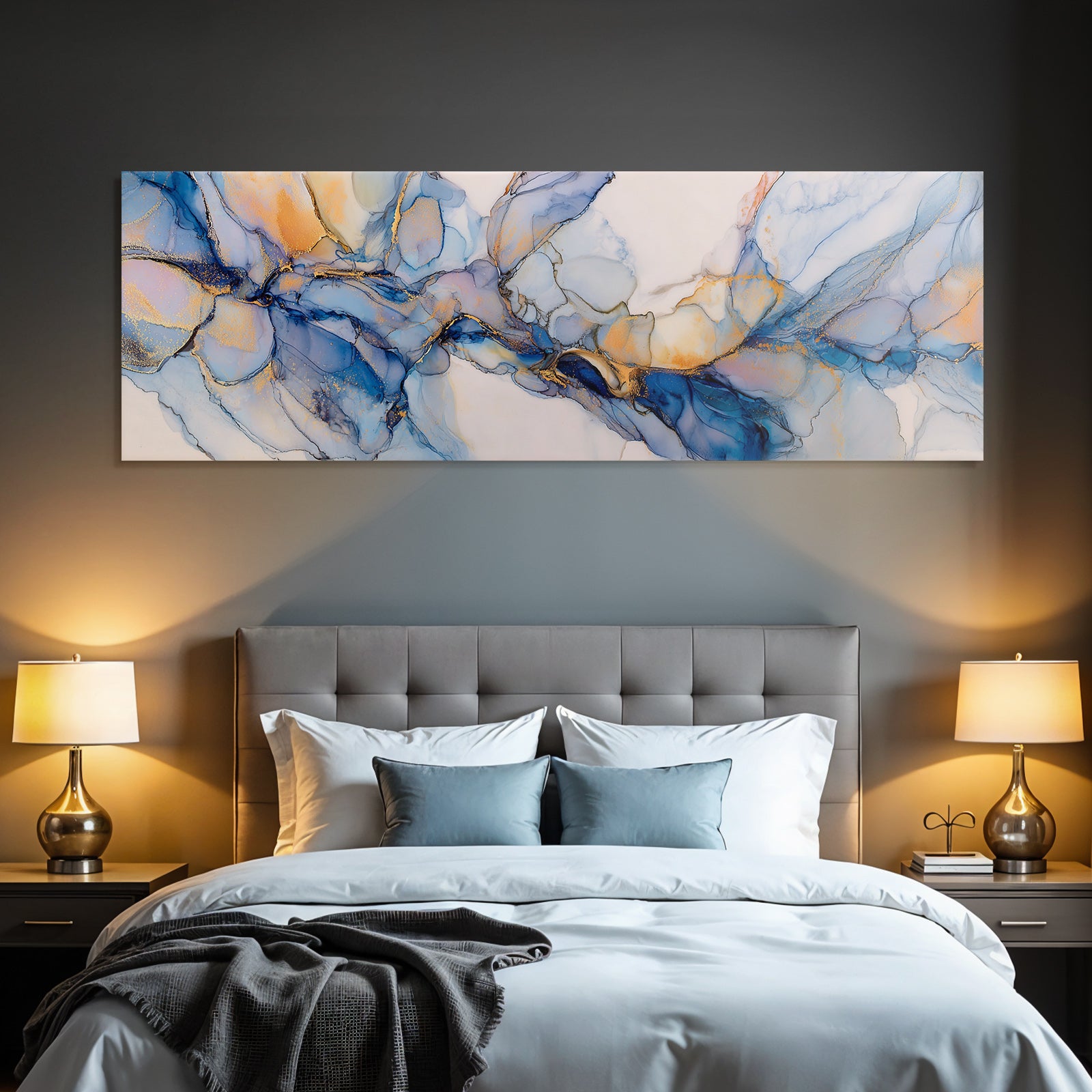 Alkoholtinten Kunst Mit Fluiden Blautonnen Und Warmen Goldakzenten