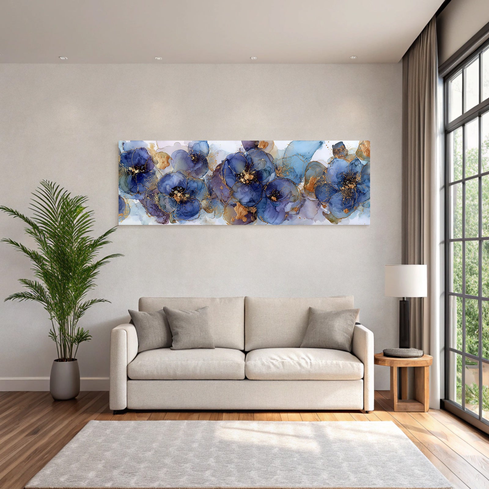 Fliessende Blumenkunst In Blau Lila Mit Goldakzenten