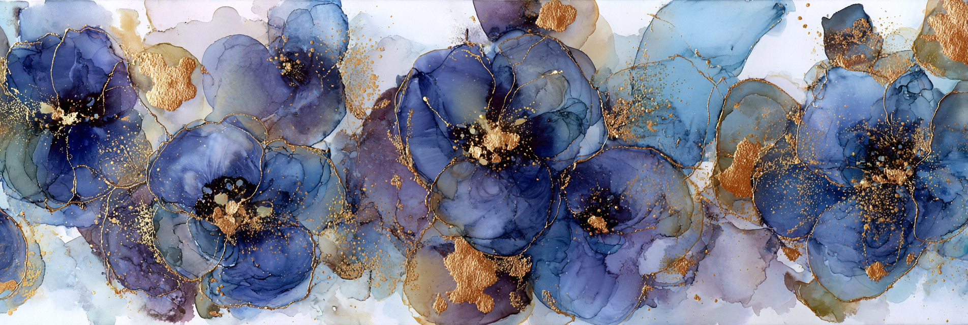 Fliessende Blumenkunst In Blau Lila Mit Goldakzenten | Abstrakt | Stilrichtungen