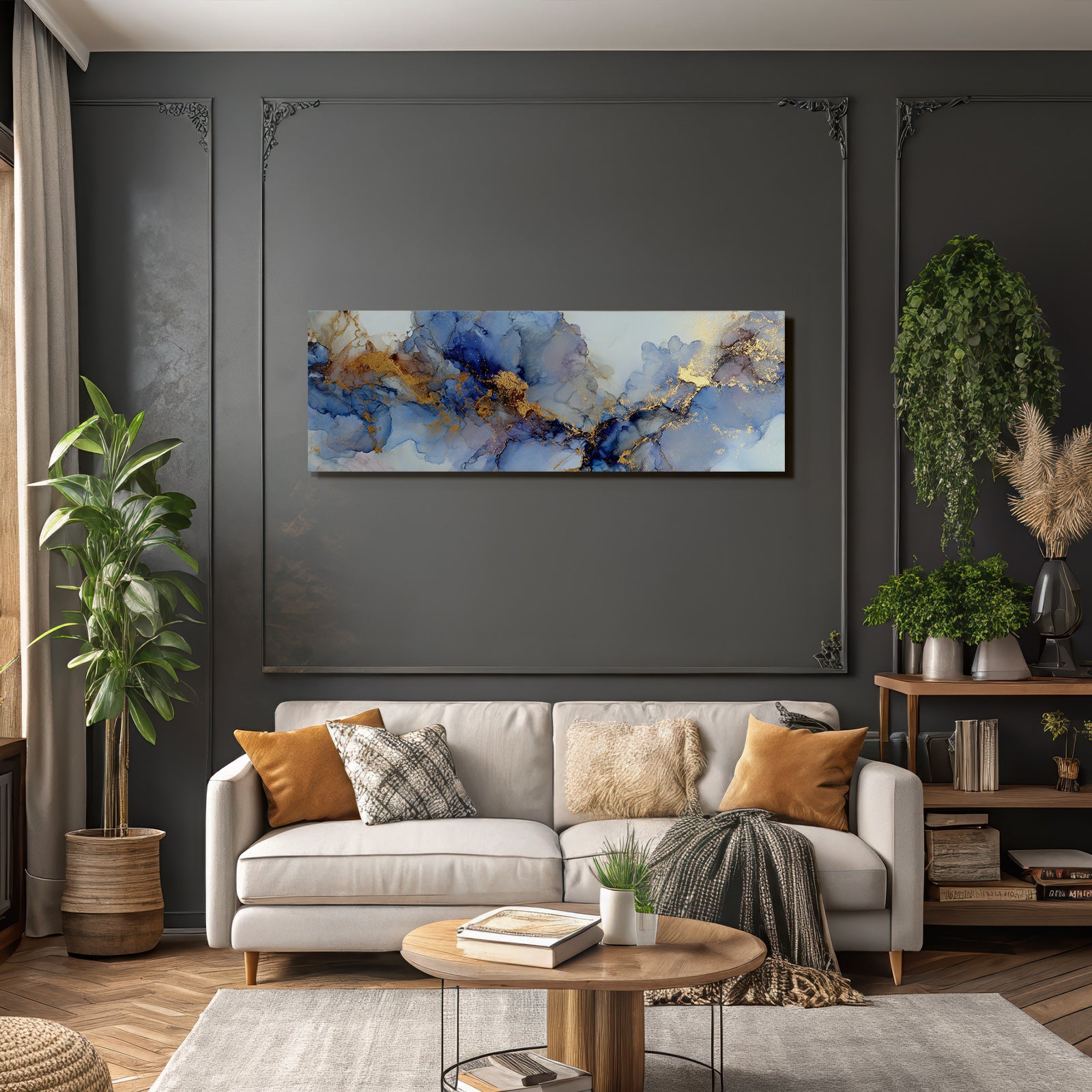 Flüssige Acrylmalerei In Blau Purpur Mit Goldakzenten