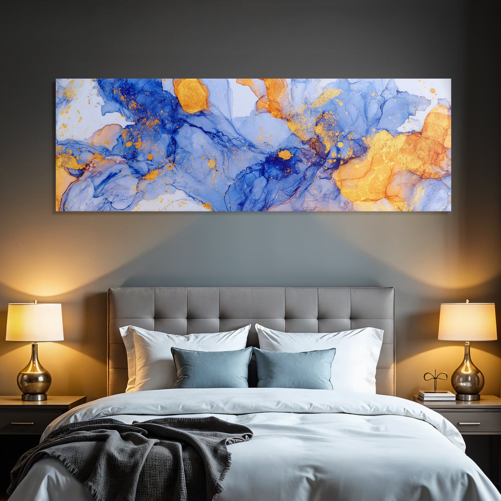 Flüssige Kunst Vibrantes Blau Orange Mit Goldakzenten