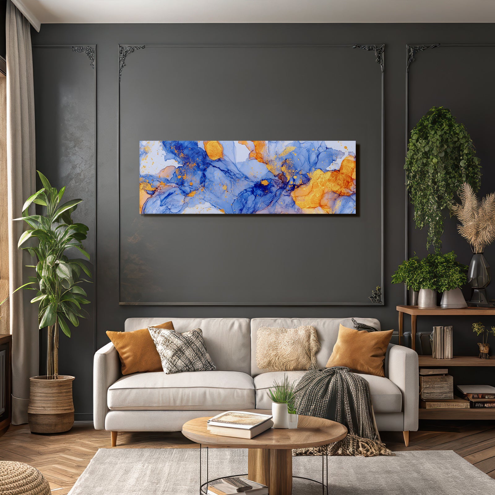 Flüssige Kunst Vibrantes Blau Orange Mit Goldakzenten
